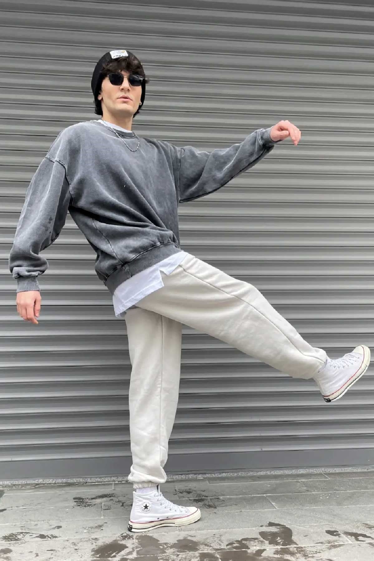 Oversize Yıkamalı Basic Sweatshirt