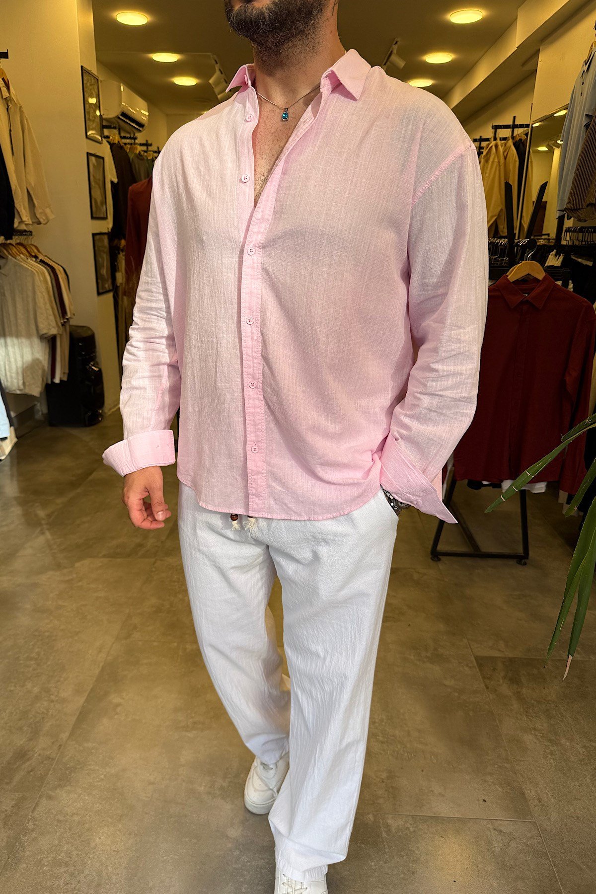 Pembe Keten Normal Kalıp Gömlek