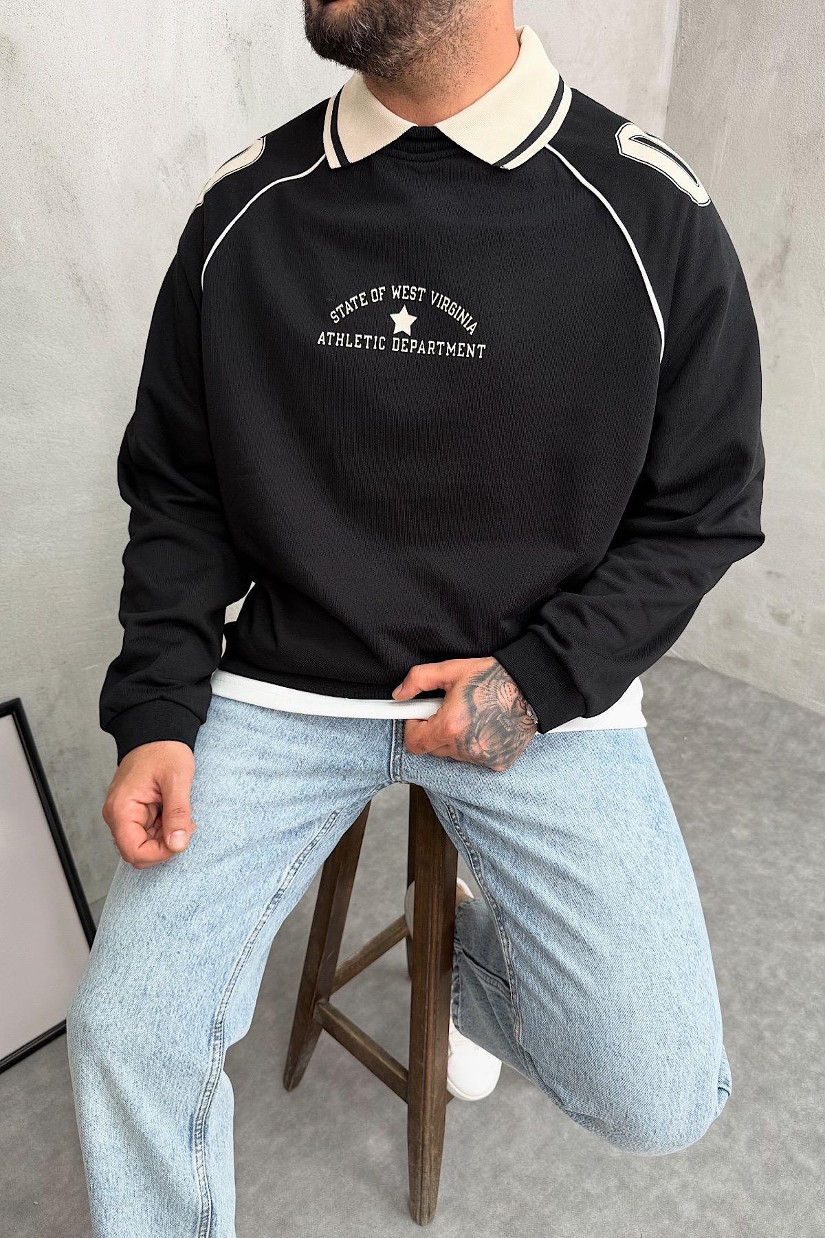 Polo Yaka Baskılı Oversize Sweatshirt