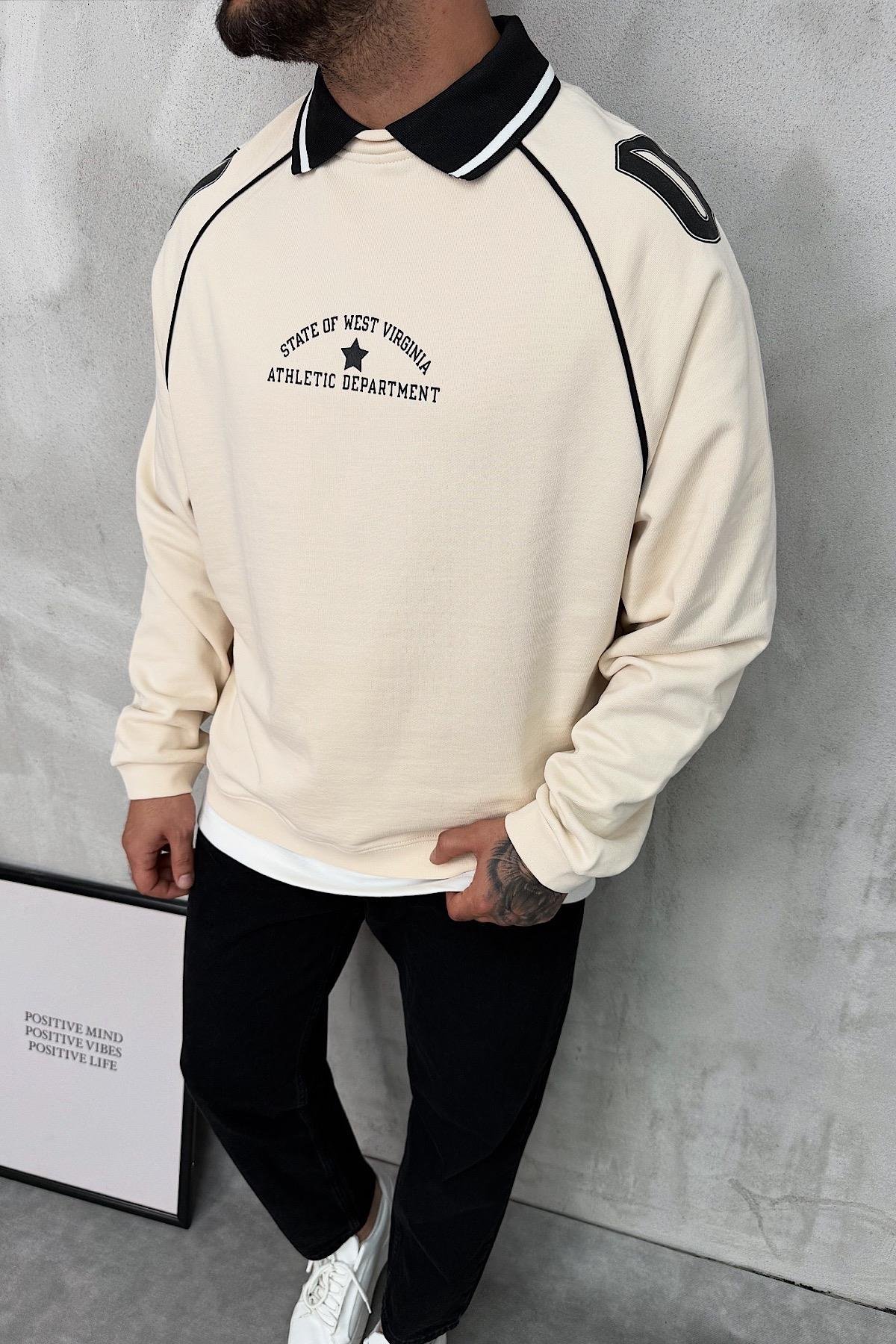 Polo Yaka Baskılı Oversize Sweatshirt