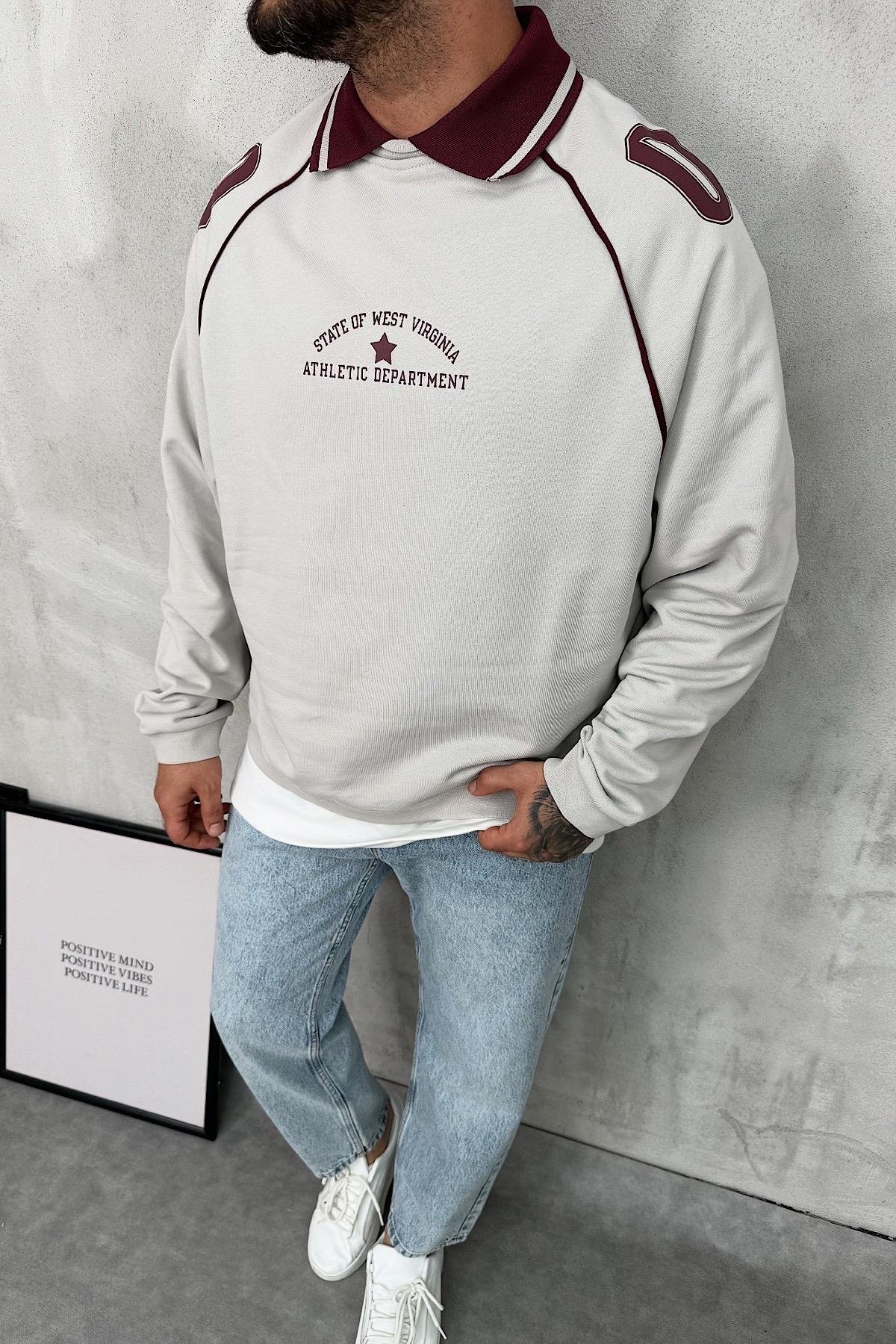 Polo Yaka Baskılı Oversize Sweatshirt