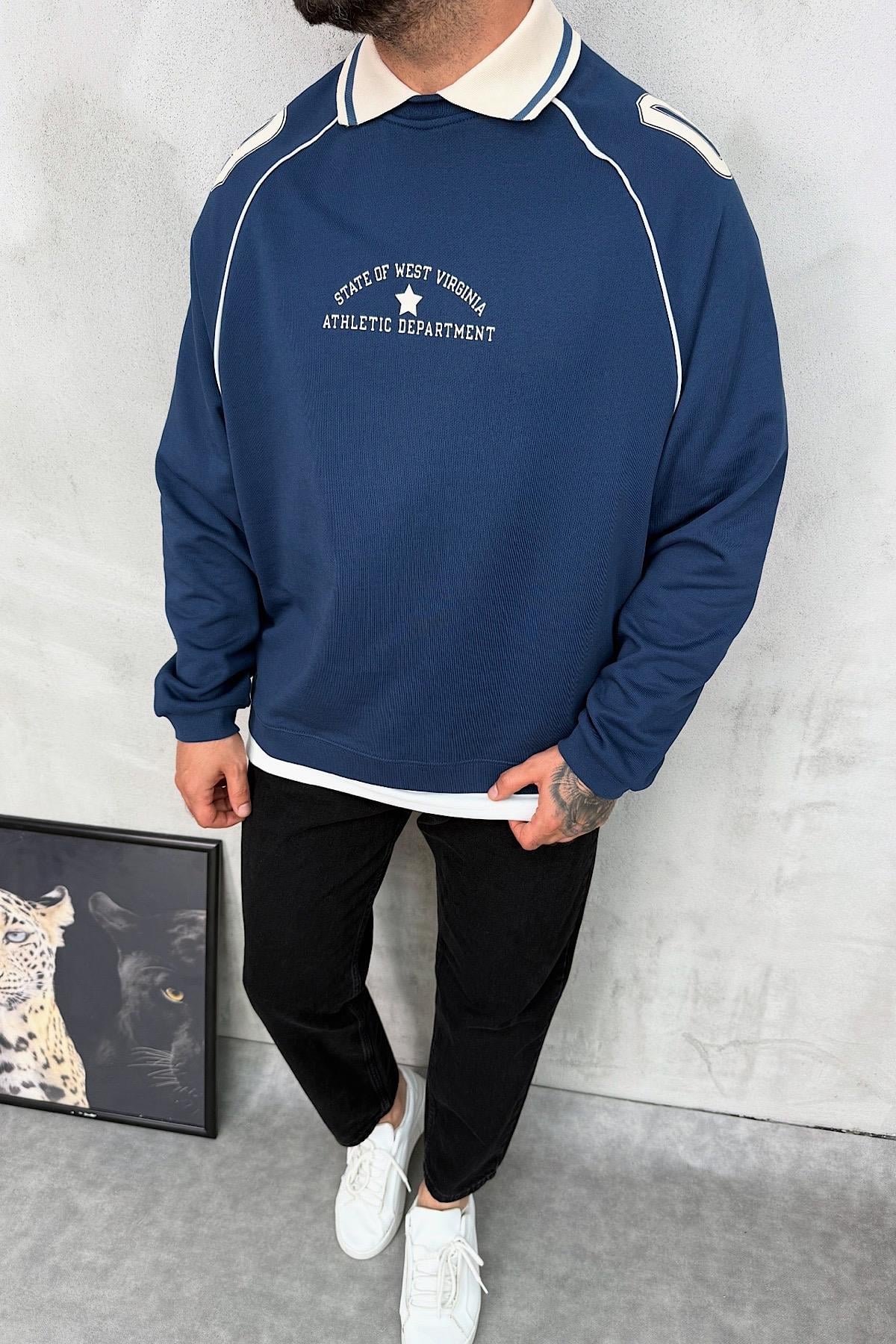 Polo Yaka Baskılı Oversize Sweatshirt