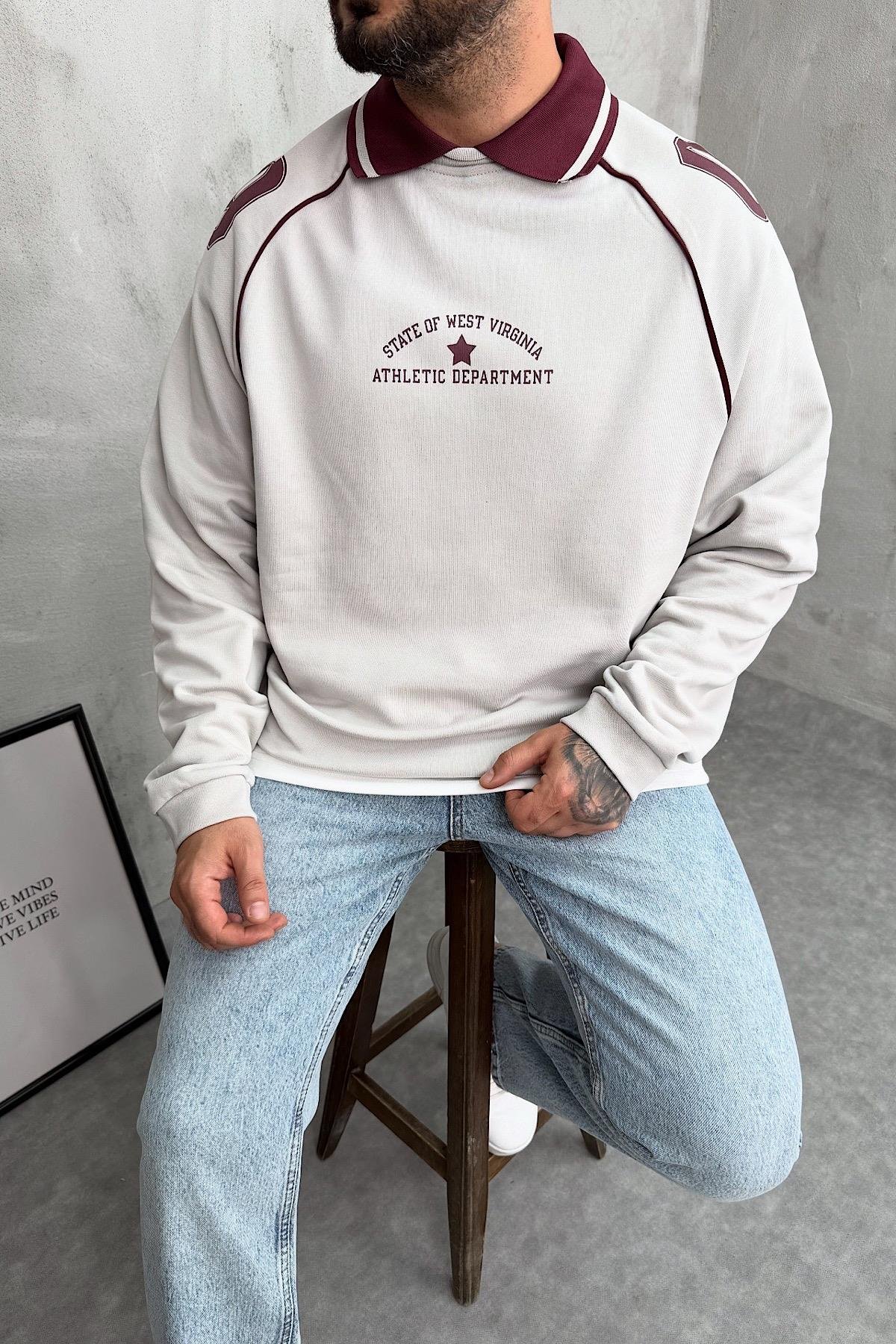 Polo Yaka Baskılı Oversize Sweatshirt