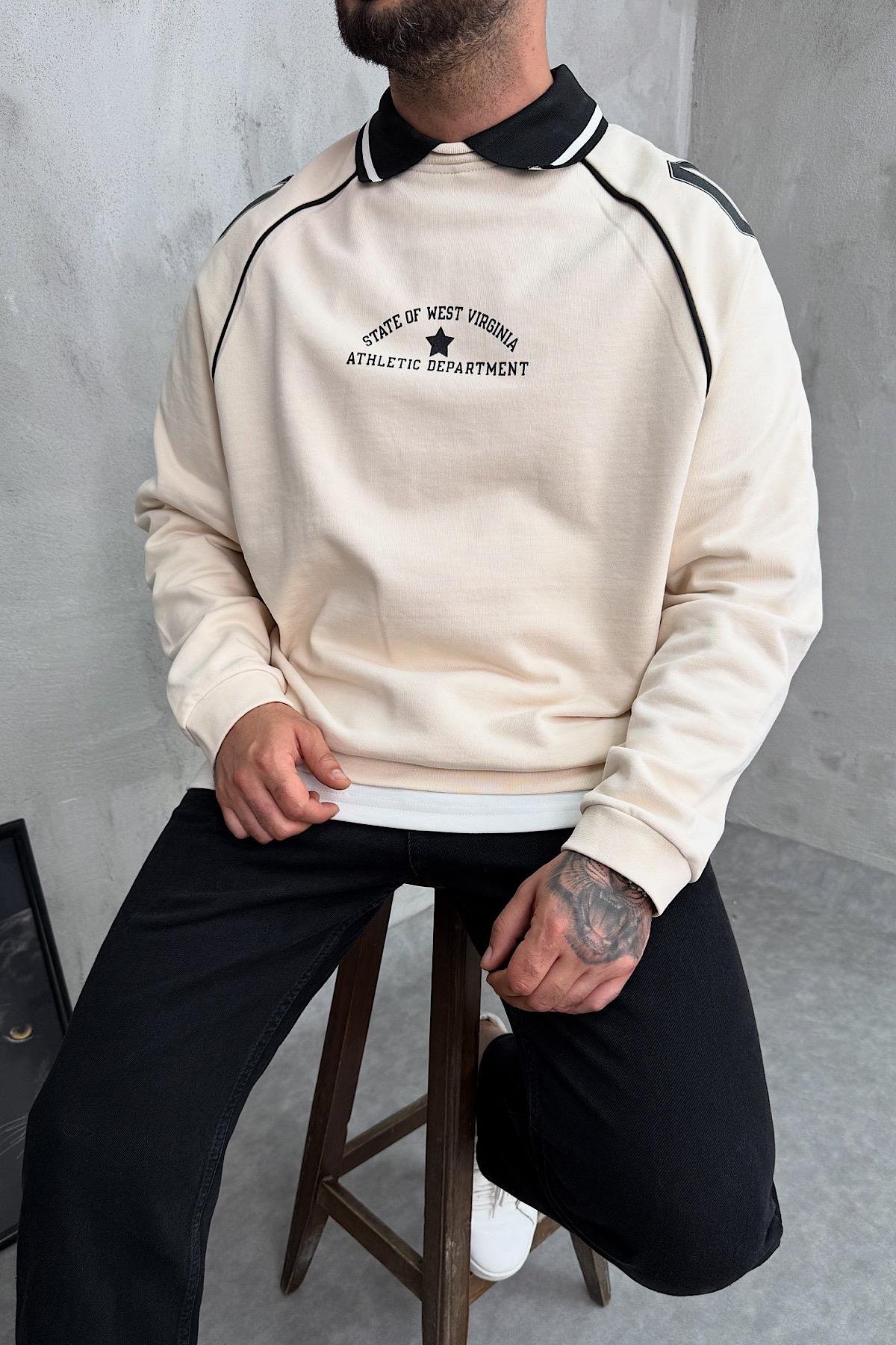 Polo Yaka Baskılı Oversize Sweatshirt