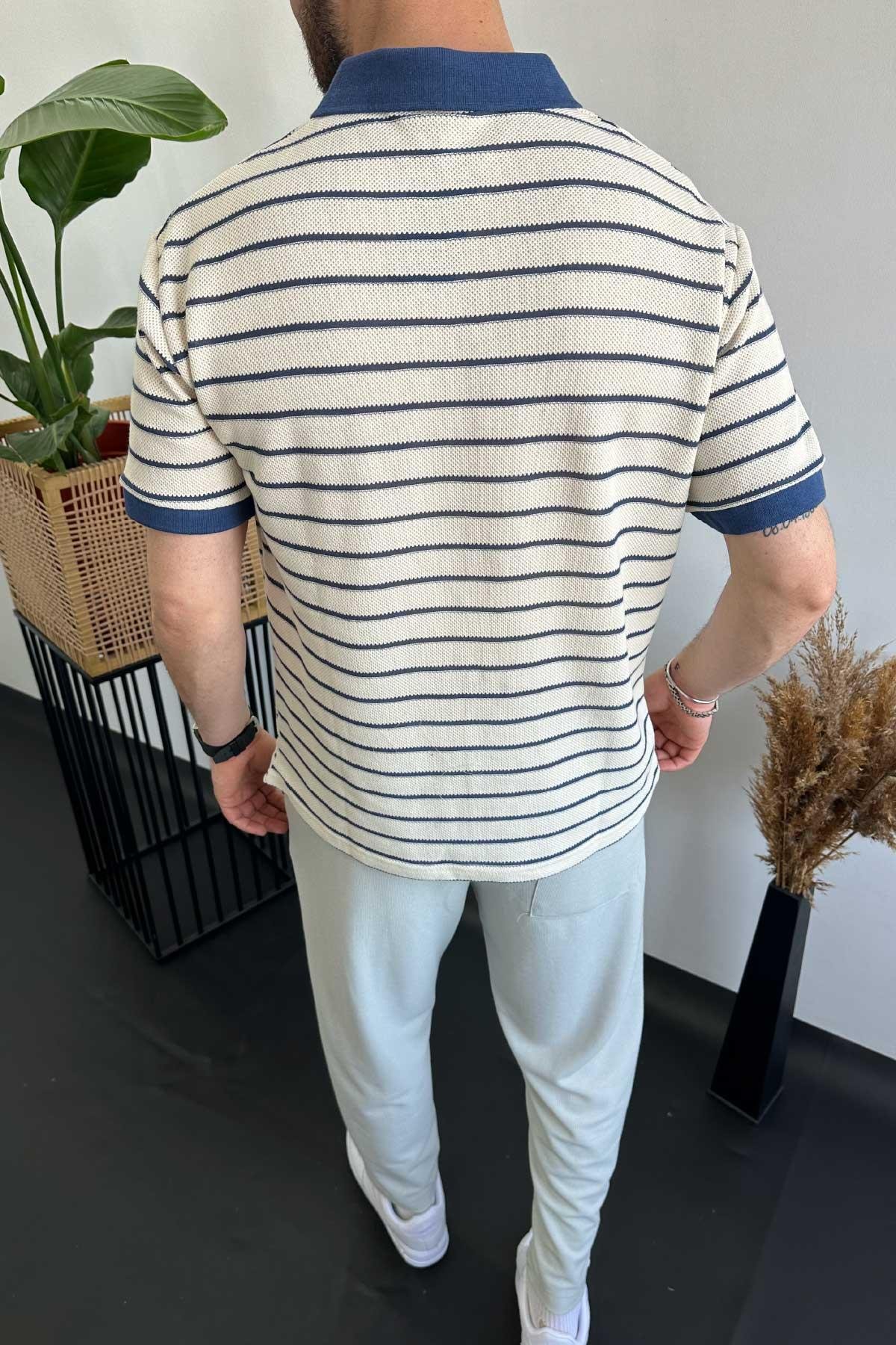 Polo Yaka Beyaz Mavi Çizgili Normal Kalıp T-shirt