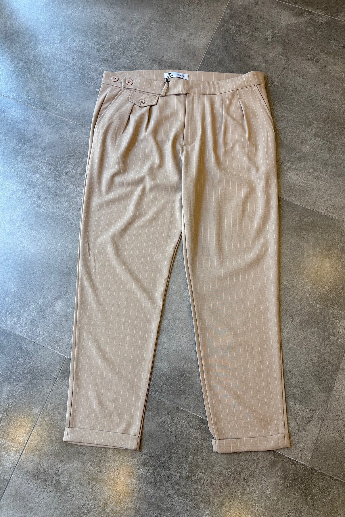 Regular Çizgili Bej Kumaş Pantolon 