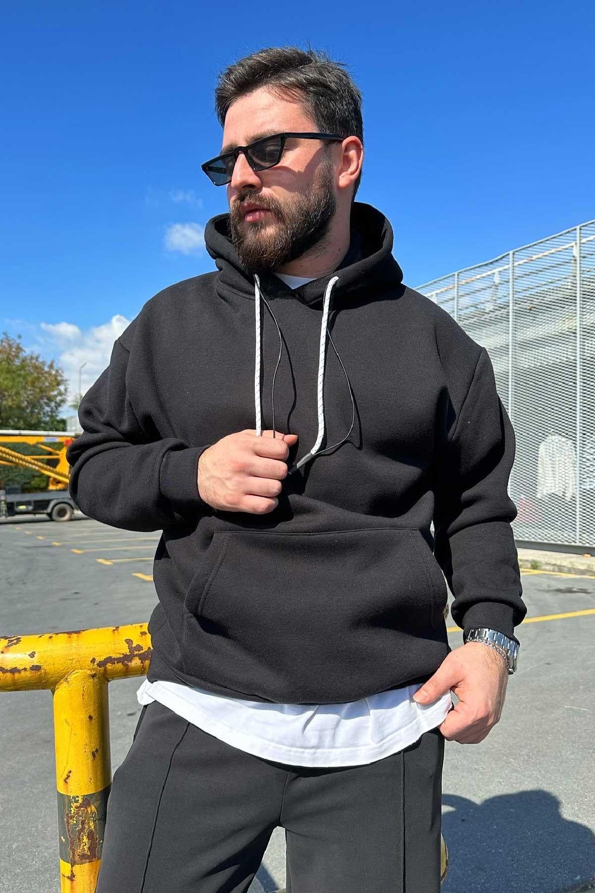 Siyah Basic Kapşonlu Sweatshirt