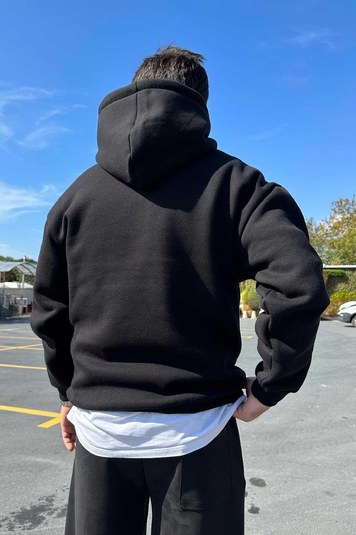 Siyah Basic Kapşonlu Sweatshirt