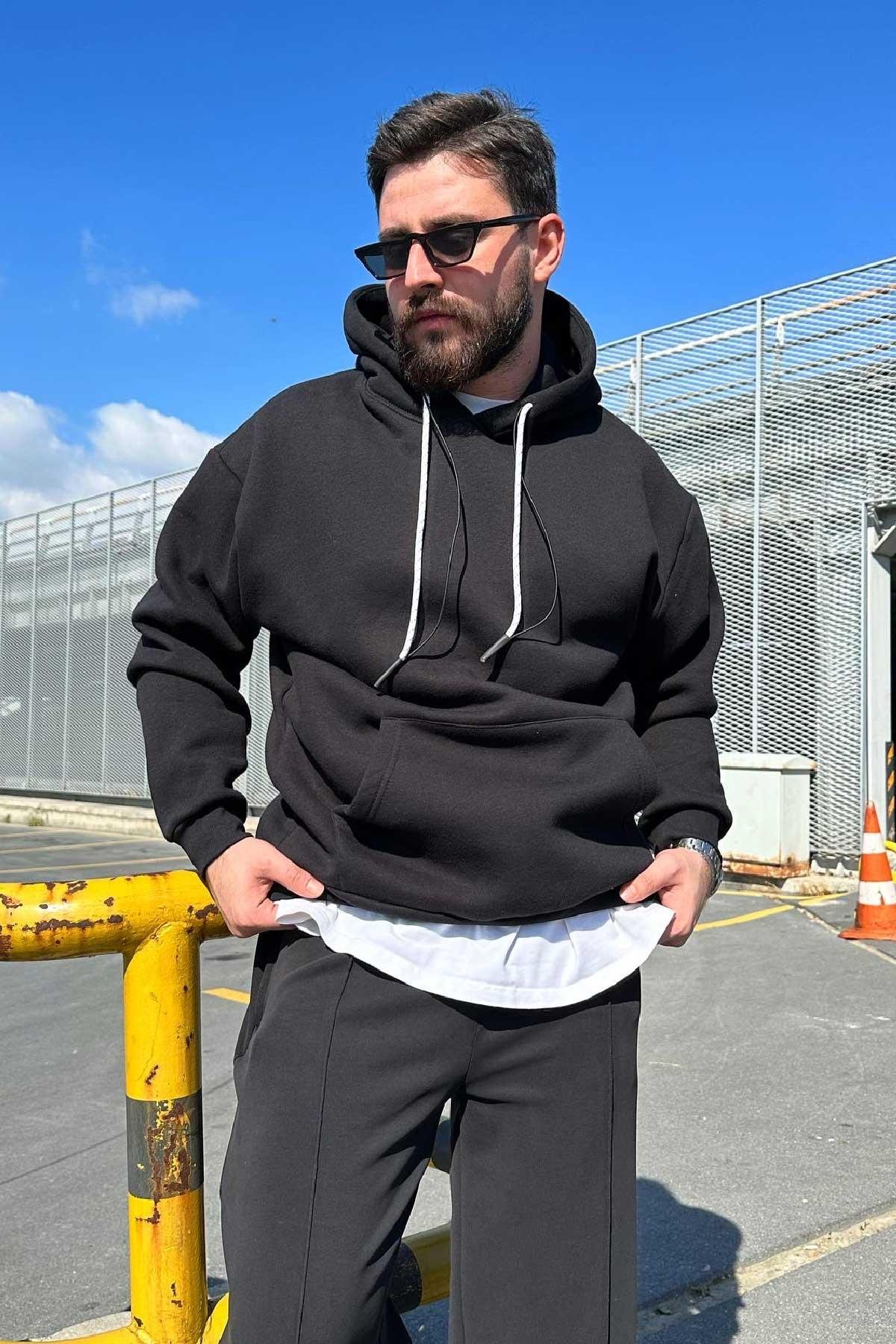 Siyah Basic Kapşonlu Sweatshirt