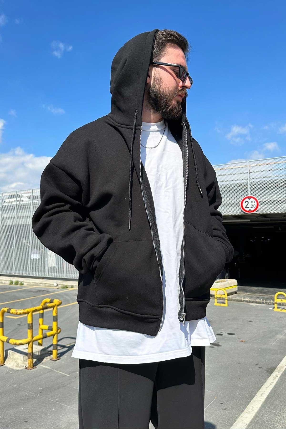 Siyah Basic Kapşonlu Zip