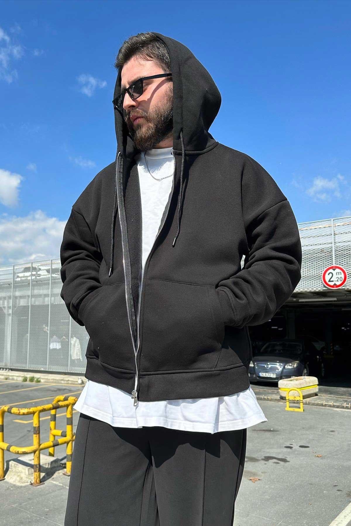 Siyah Basic Kapşonlu Zip