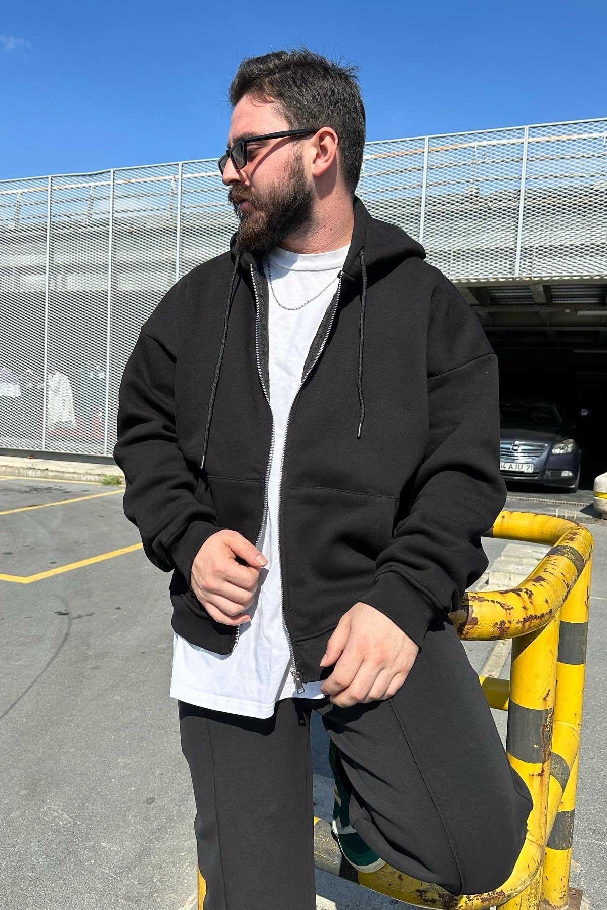 Siyah Basic Kapşonlu Zip