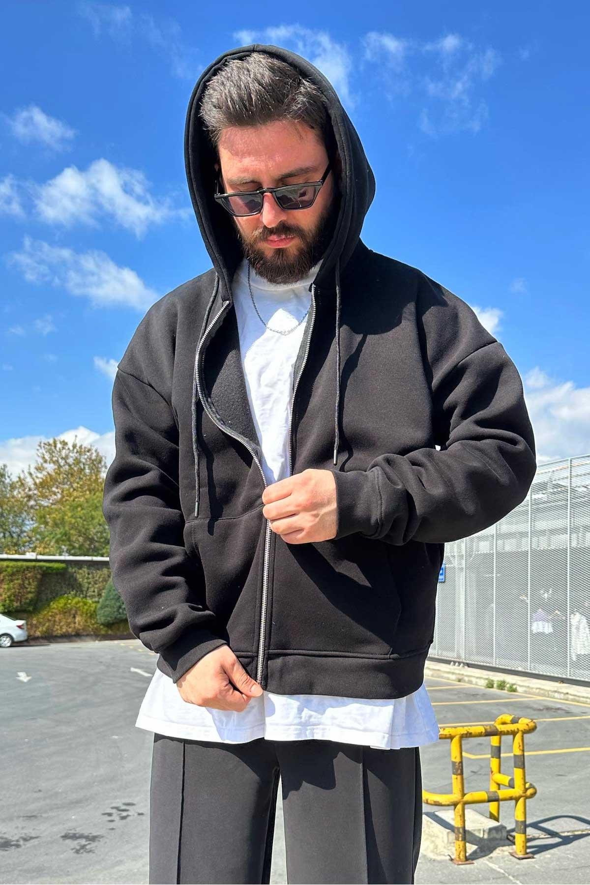Siyah Basic Kapşonlu Zip