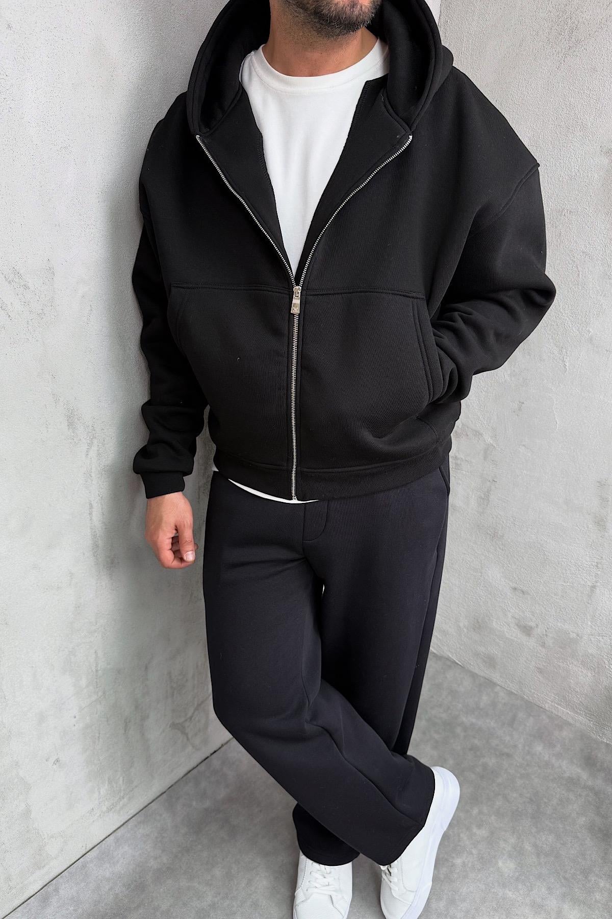 Siyah Basic Tam Fermuarlı Zip