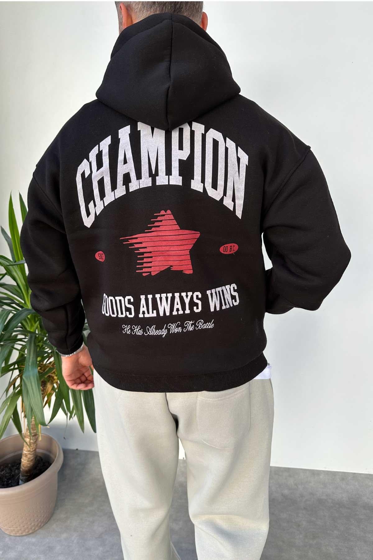 Siyah Baskılı Kapşonlu Sweatshirt