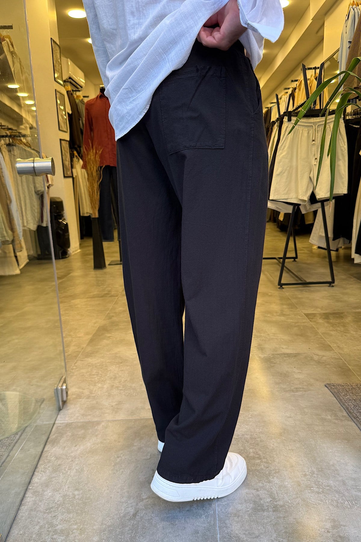 Siyah Beli İpli Baggy  Keten Pantolon 