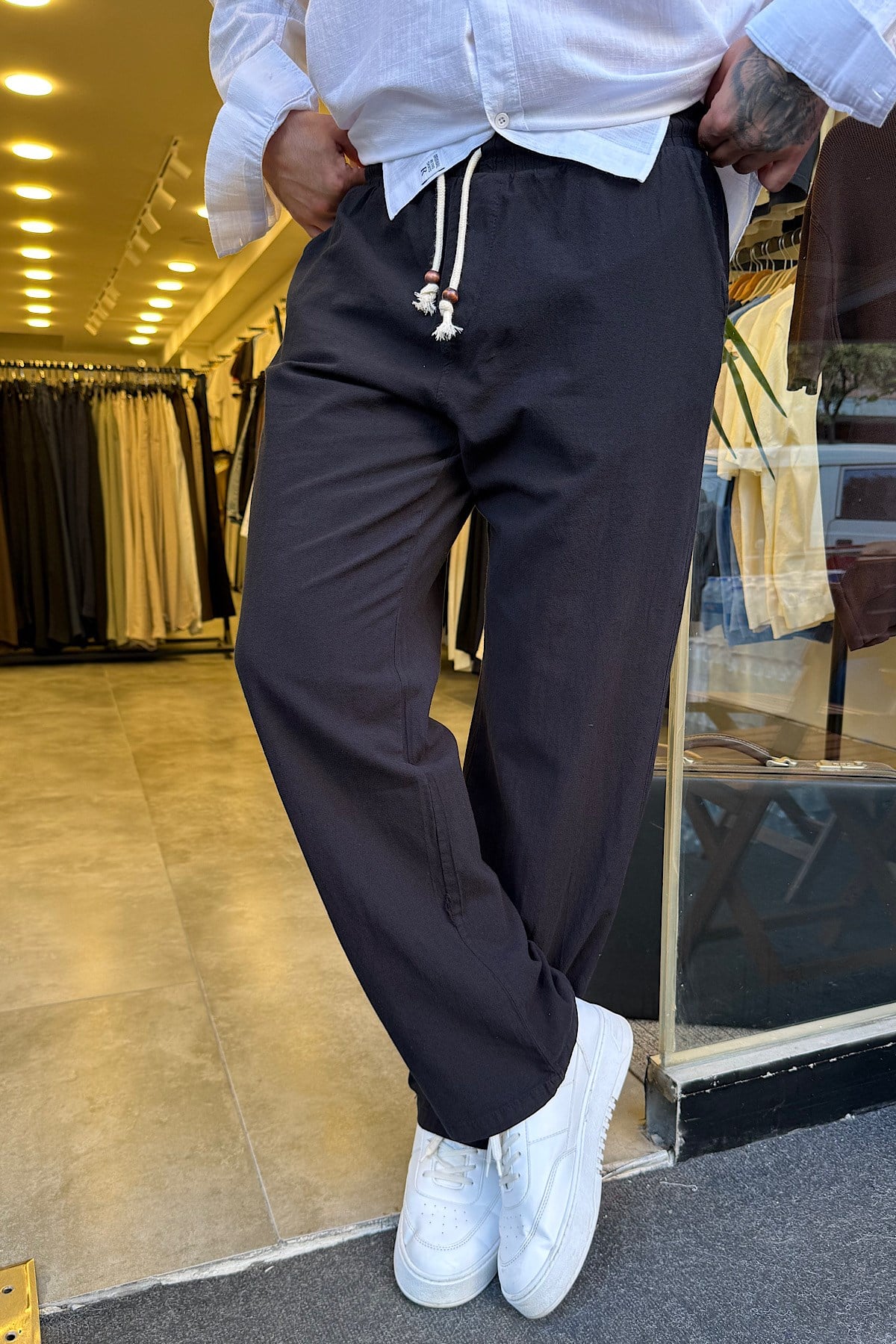Siyah Beli İpli Baggy  Keten Pantolon 