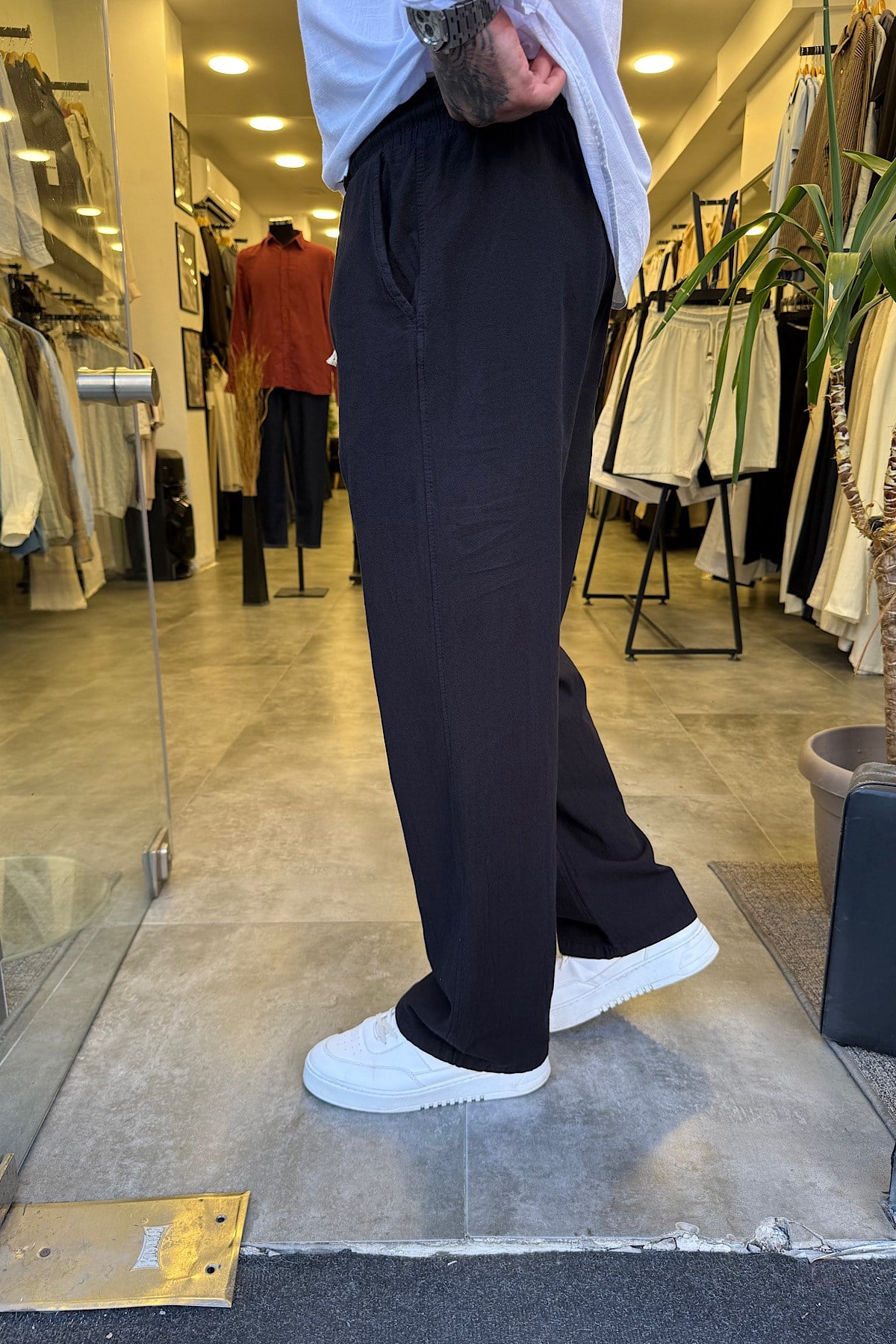 Siyah Beli İpli Baggy  Keten Pantolon 