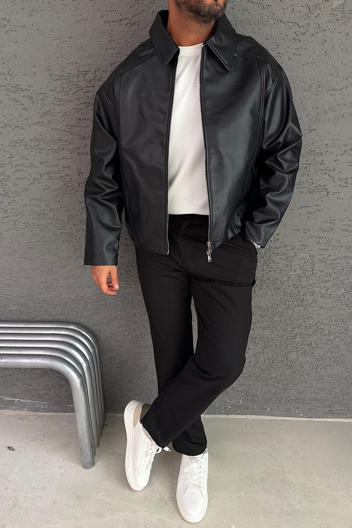 Siyah Boxy Fit Deri Ceket