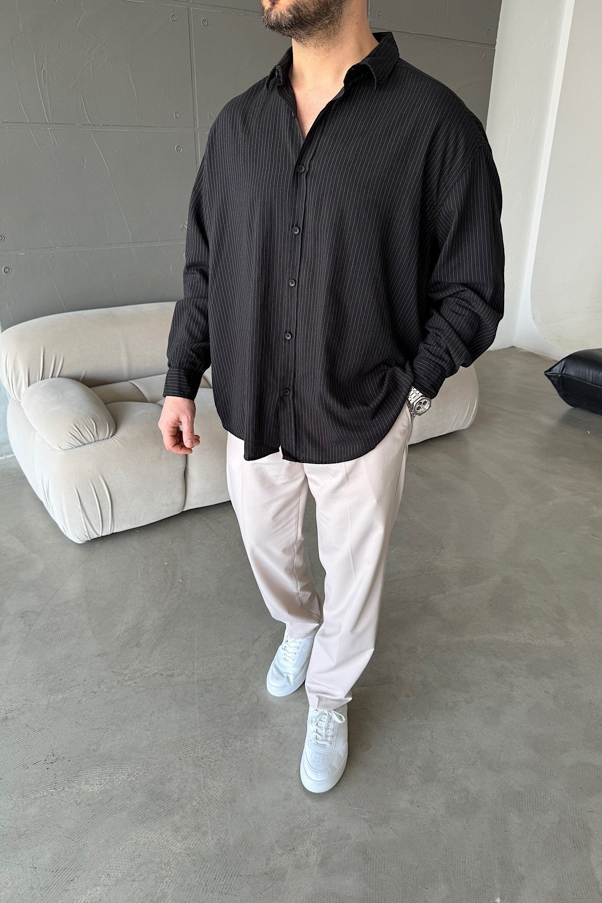 Siyah Çizgili Oversize Gömlek