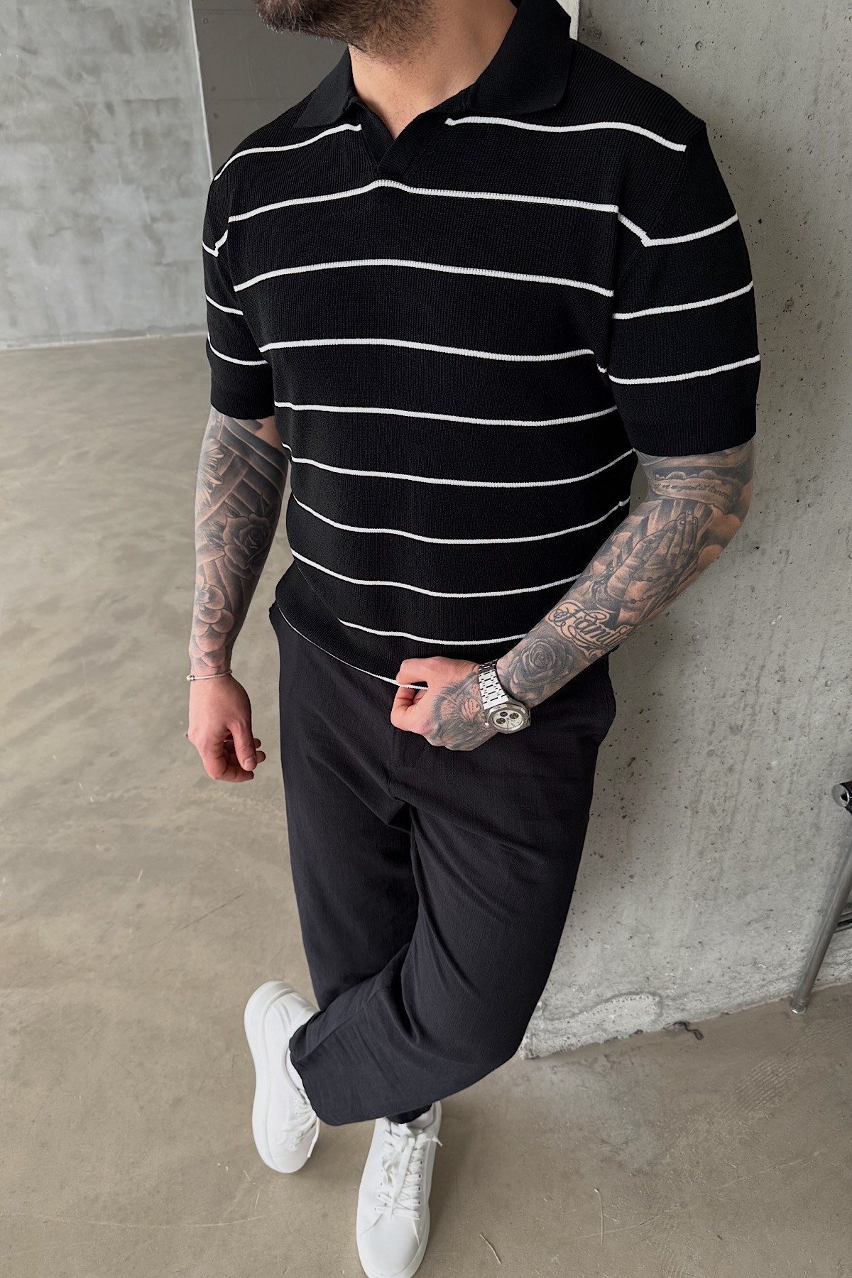 Siyah Çizgili Polo Yaka Triko T-Shirt