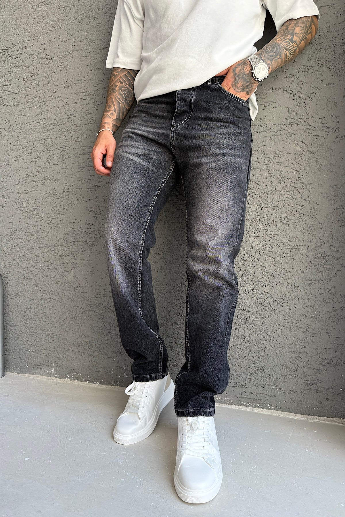 Siyah Eskitme Regular Pantolon 