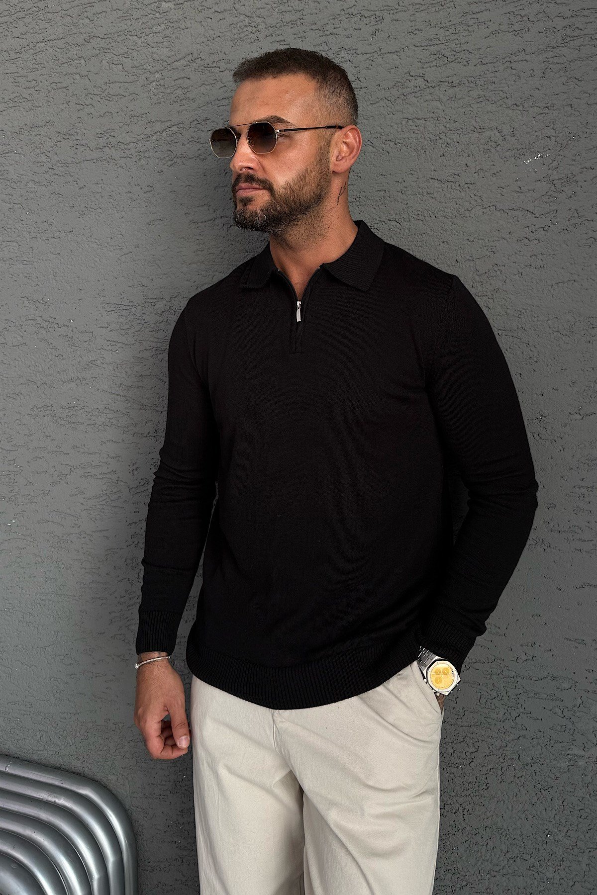 Siyah Fermuarlı Polo Yaka Triko 