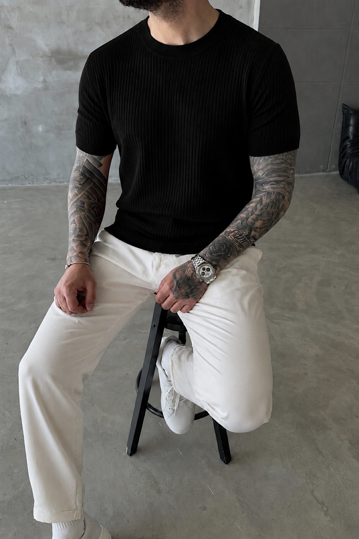Siyah Fitilli Basic T-Shirt
