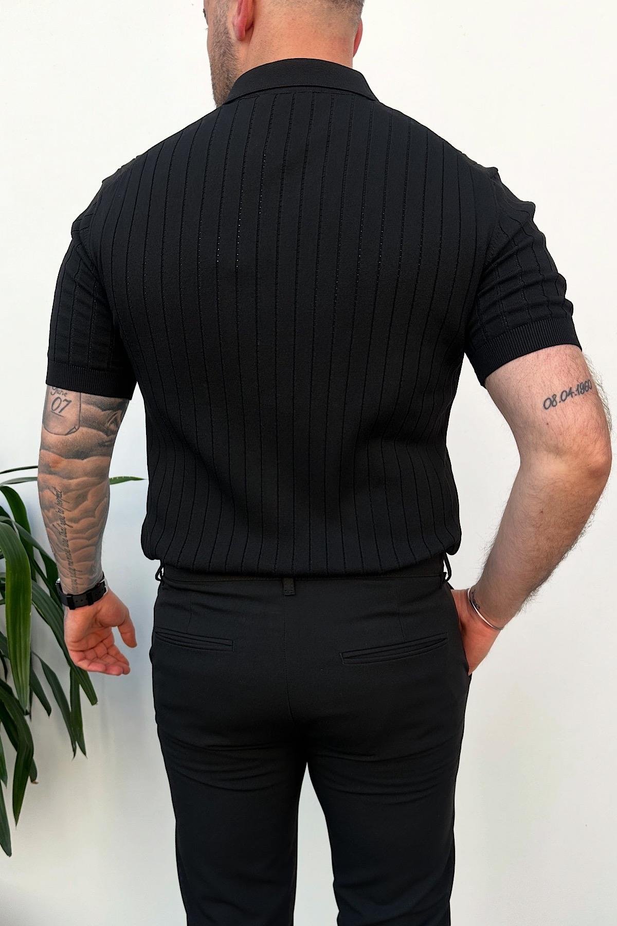 Siyah Fitilli Polo Yaka T-Shirt