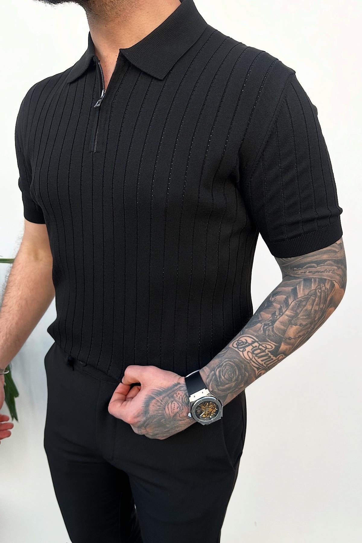 Siyah Fitilli Polo Yaka T-Shirt