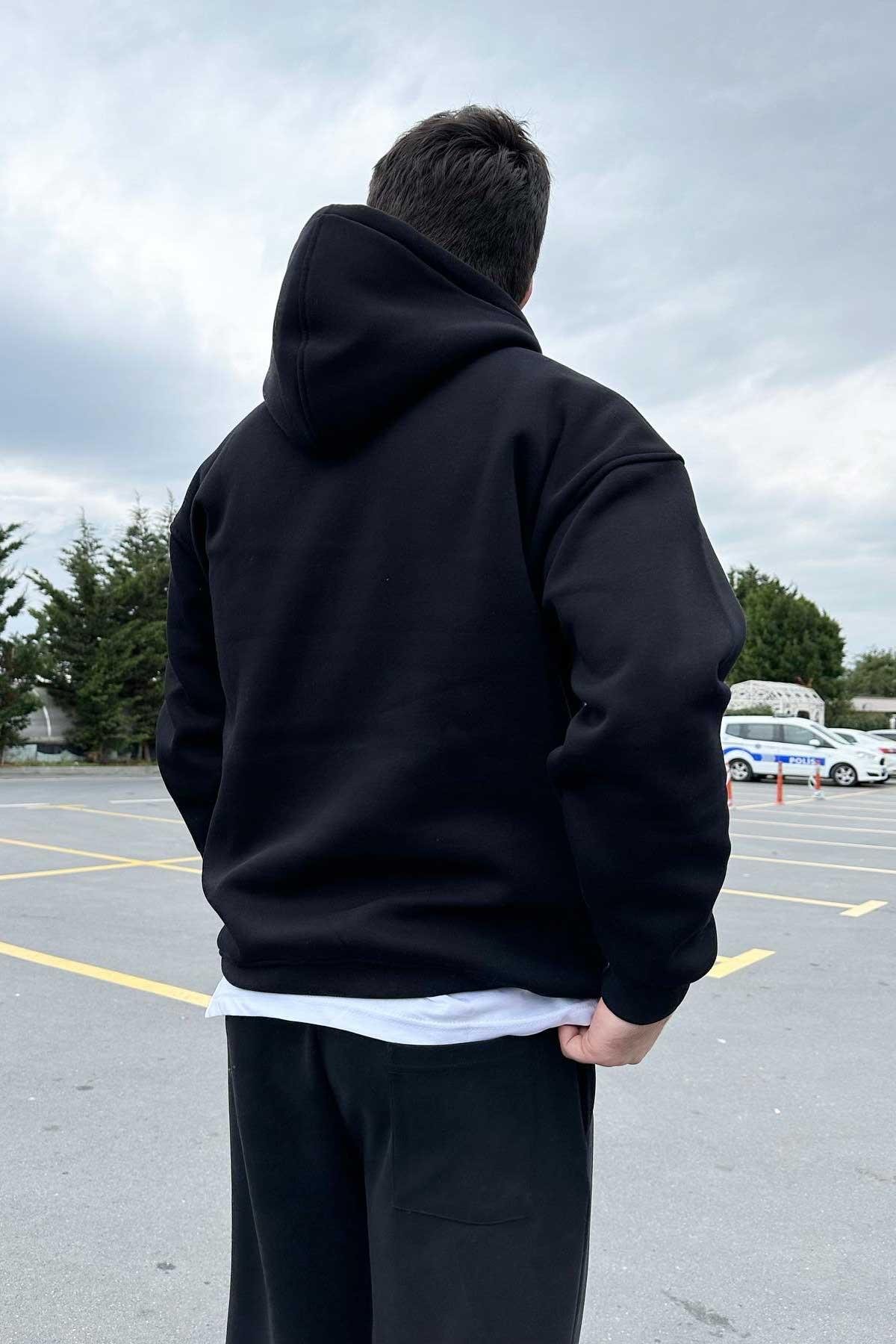 Siyah Kapşonlu Swaetshirt