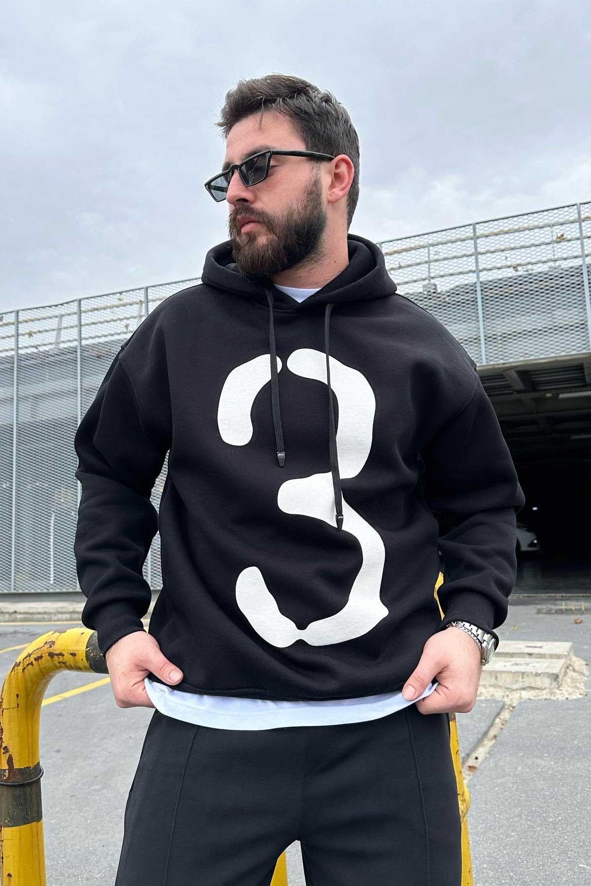 Siyah Kapşonlu Swaetshirt