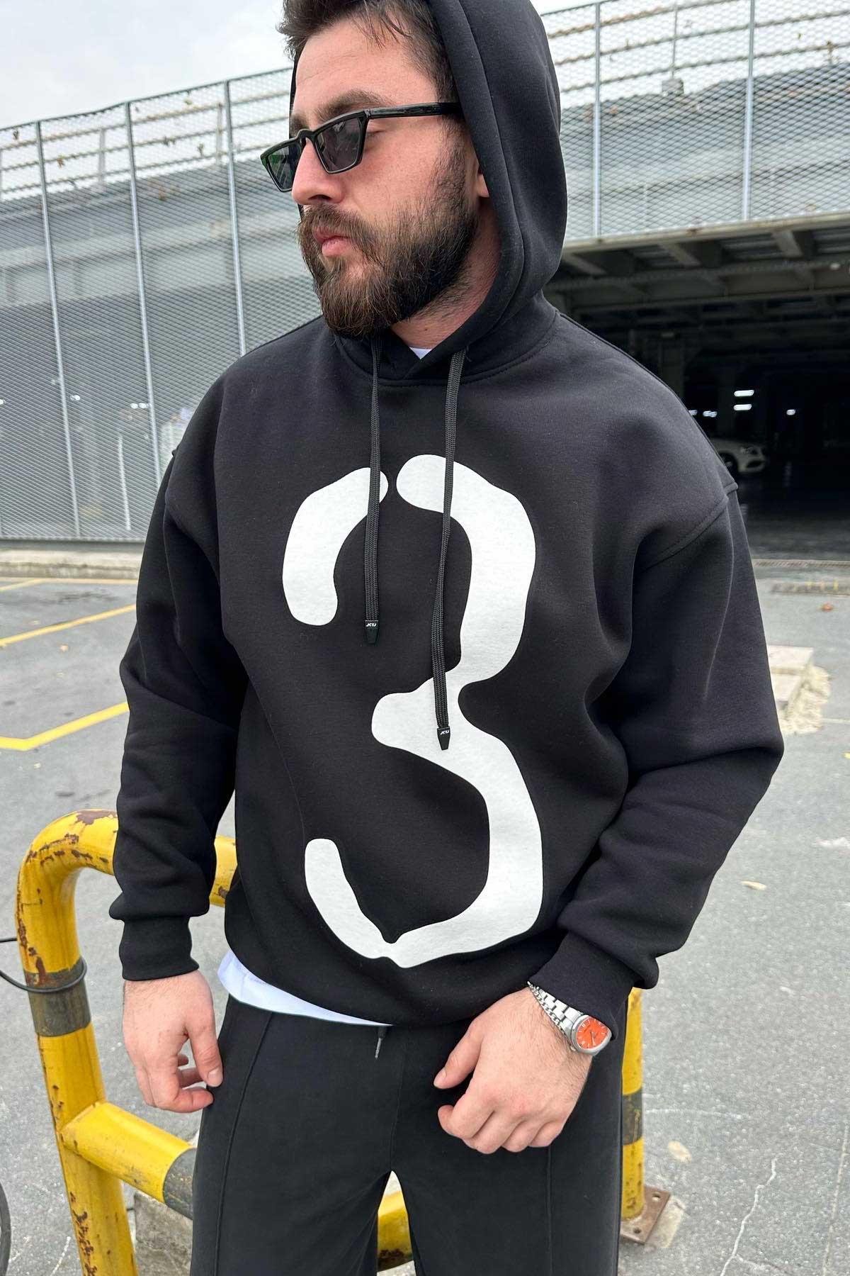 Siyah Kapşonlu Swaetshirt