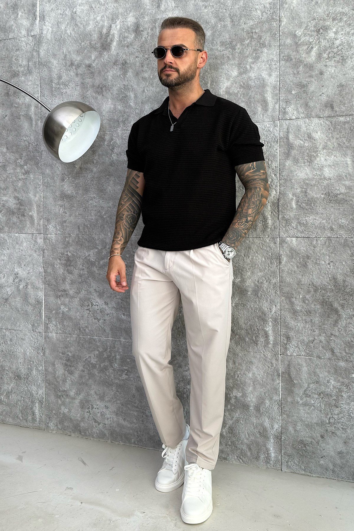 Siyah Örme Polo Yaka T-Shirt
