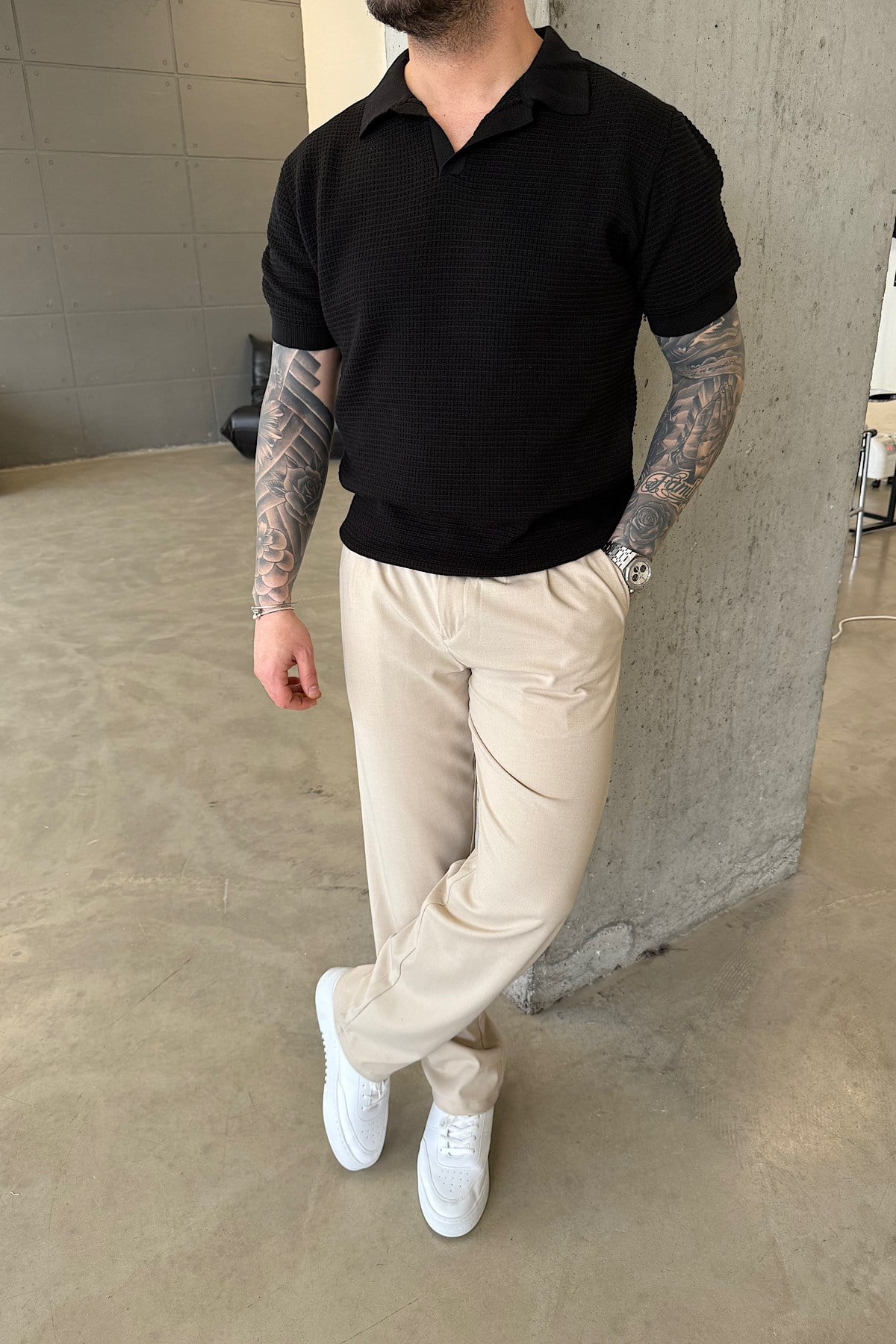 Siyah Örme Polo Yaka T-Shirt
