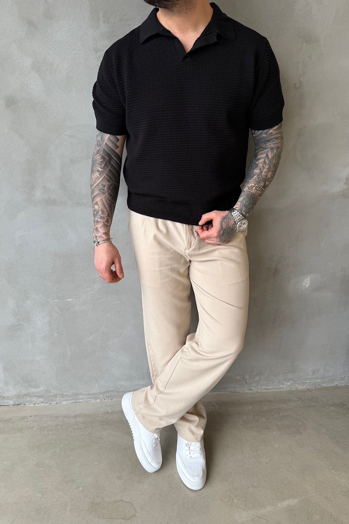 Siyah Örme Polo Yaka T-Shirt