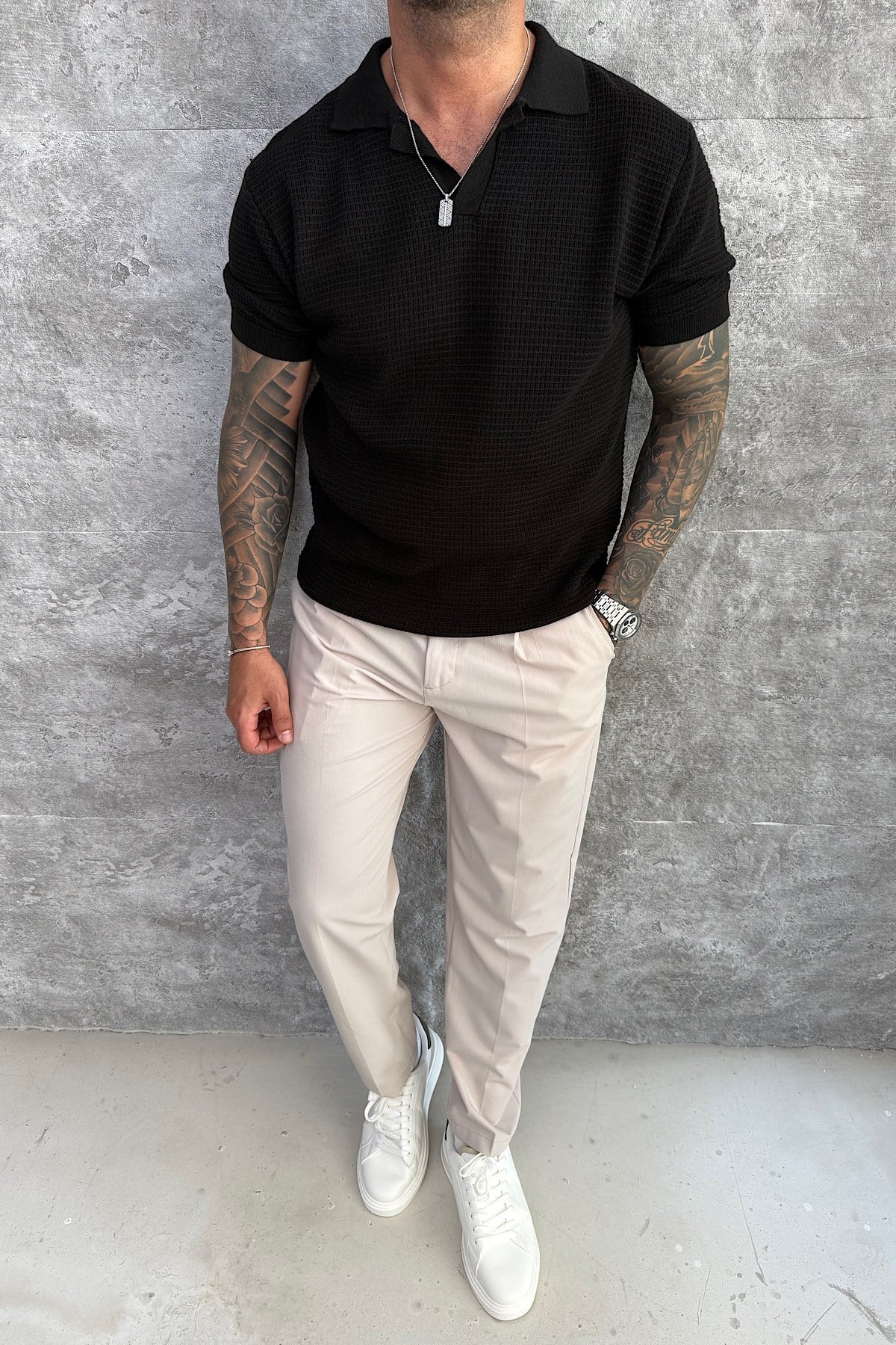 Siyah Örme Polo Yaka T-Shirt