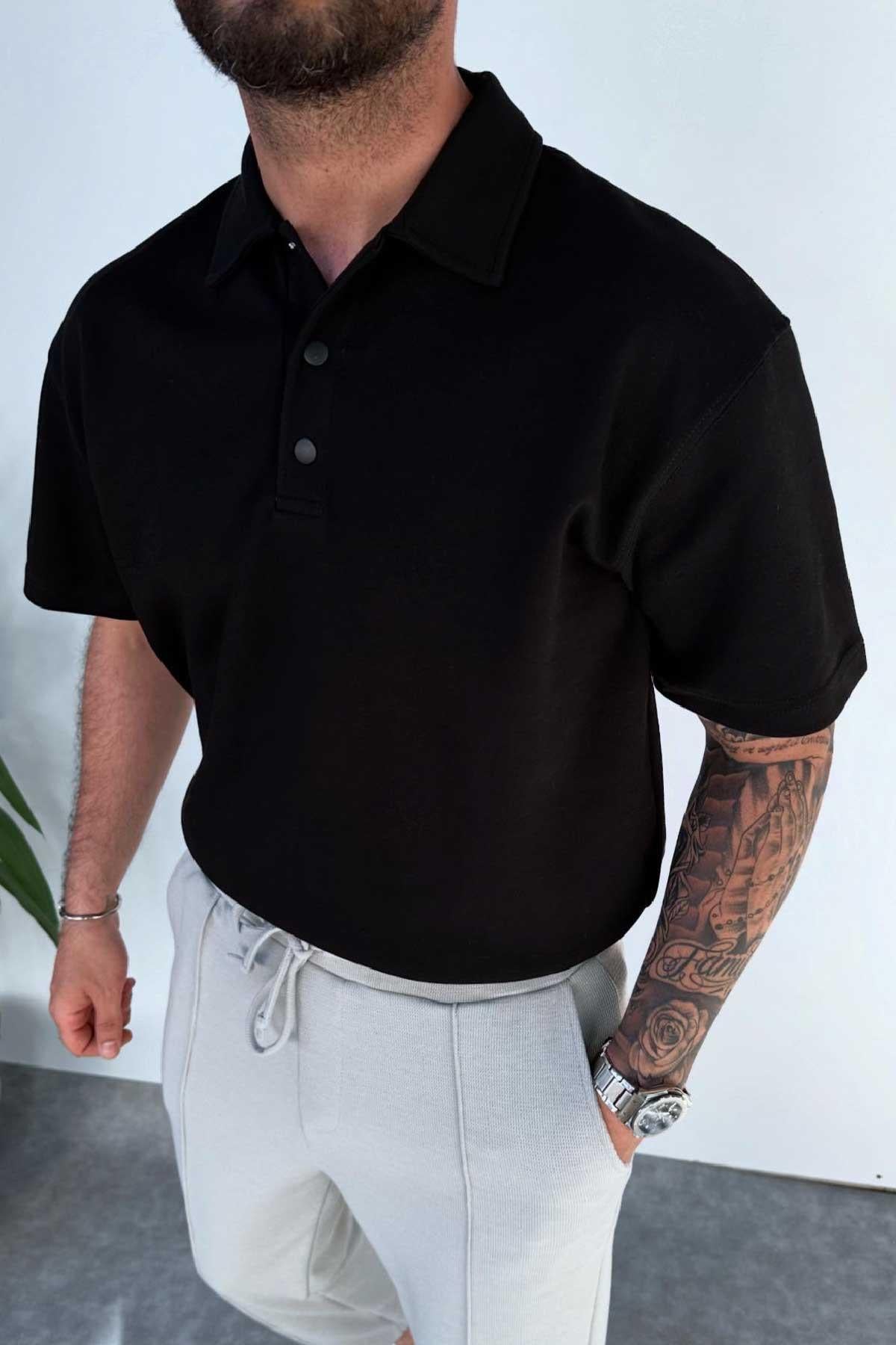 Siyah Polo Yaka Oversize T-Sirt