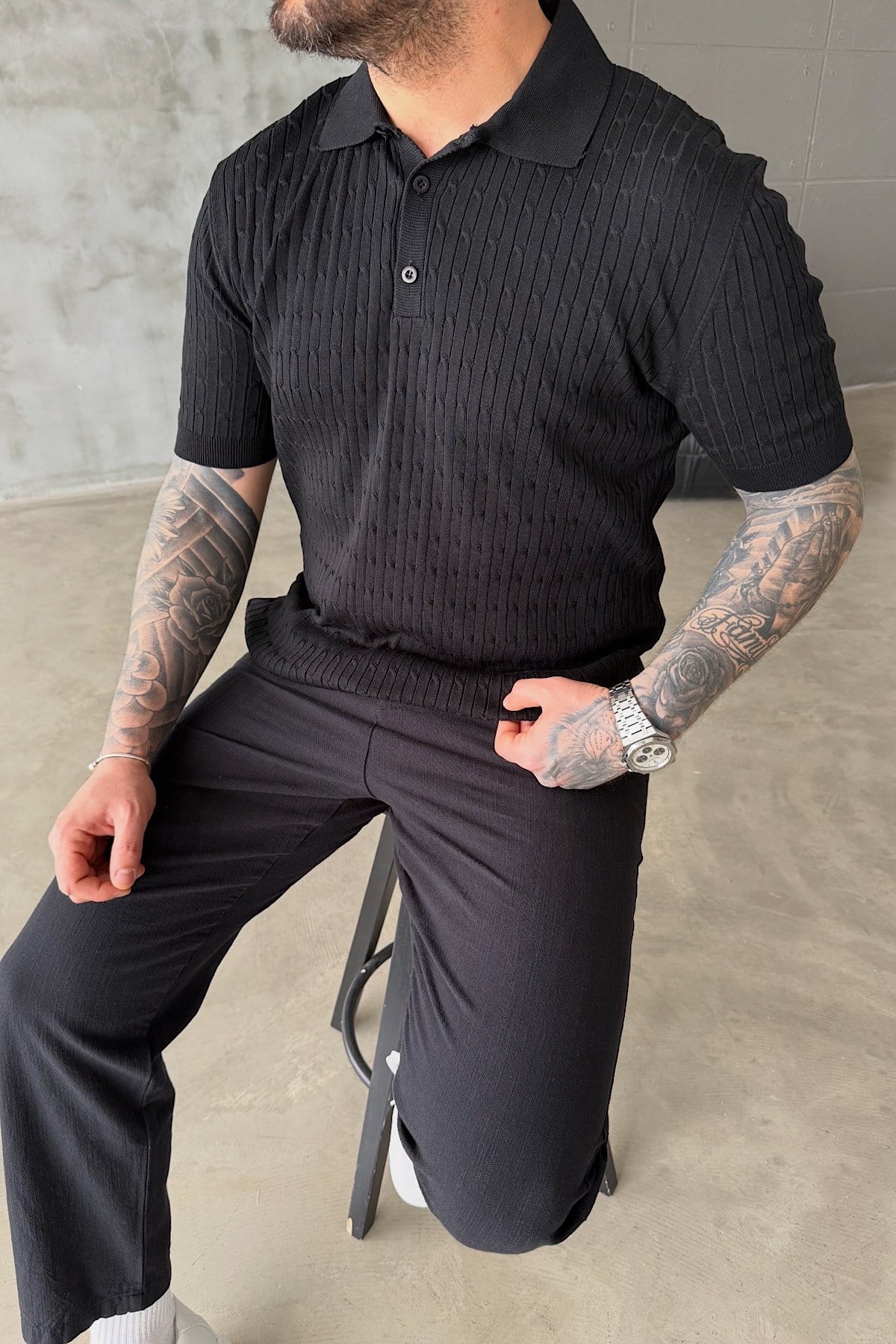Siyah Saç Örgü Polo Yaka T-Shirt