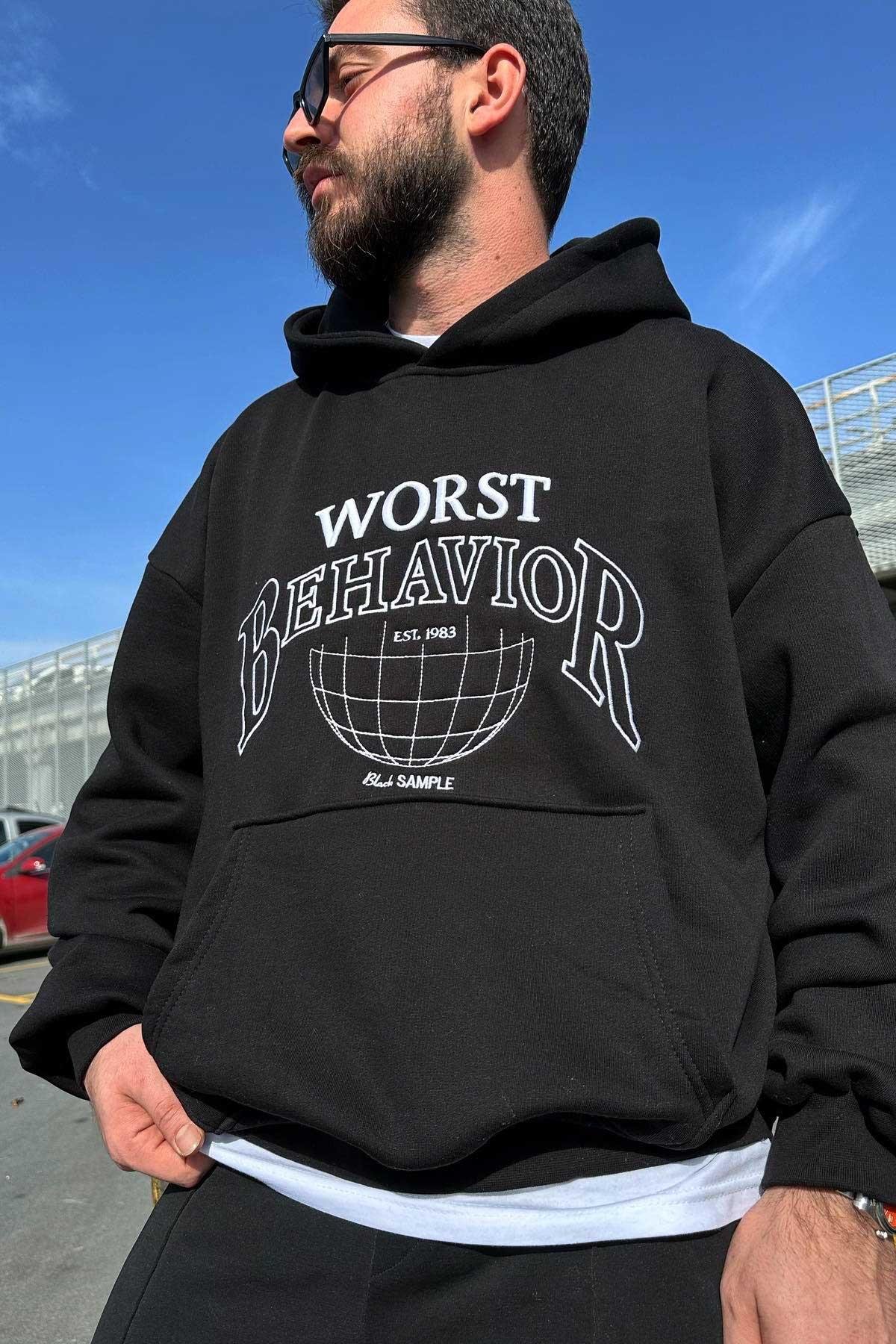 Siyah Worst Kapşonlu Sweatshirt