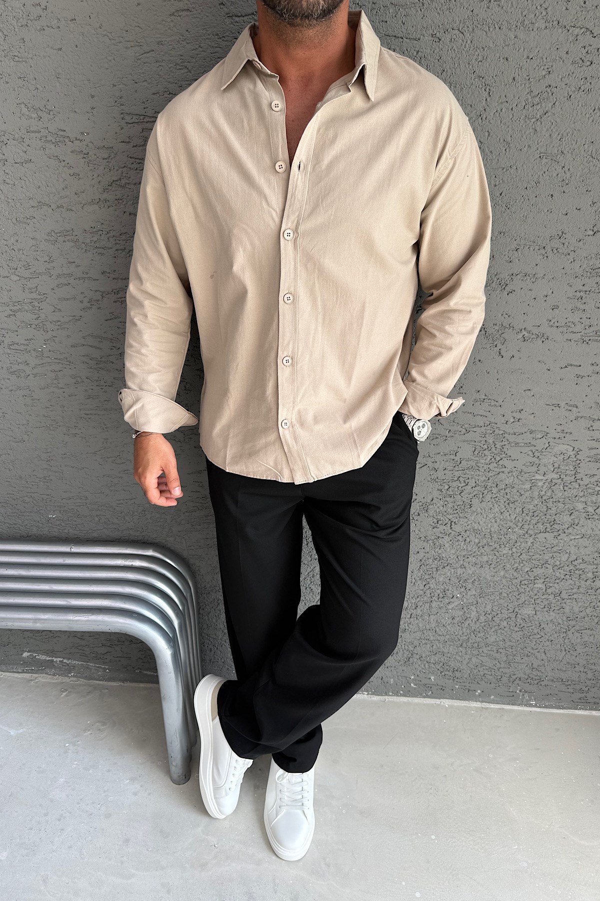 Tok Kumaş Bej Oversize Gömlek