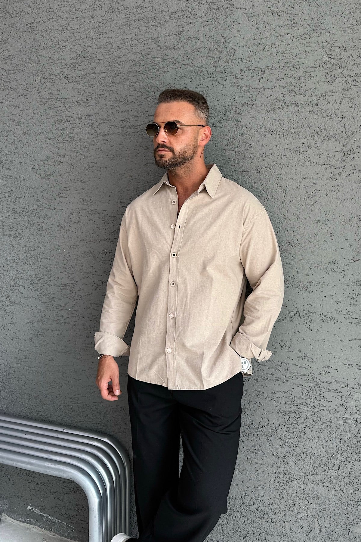 Tok Kumaş Bej Oversize Gömlek