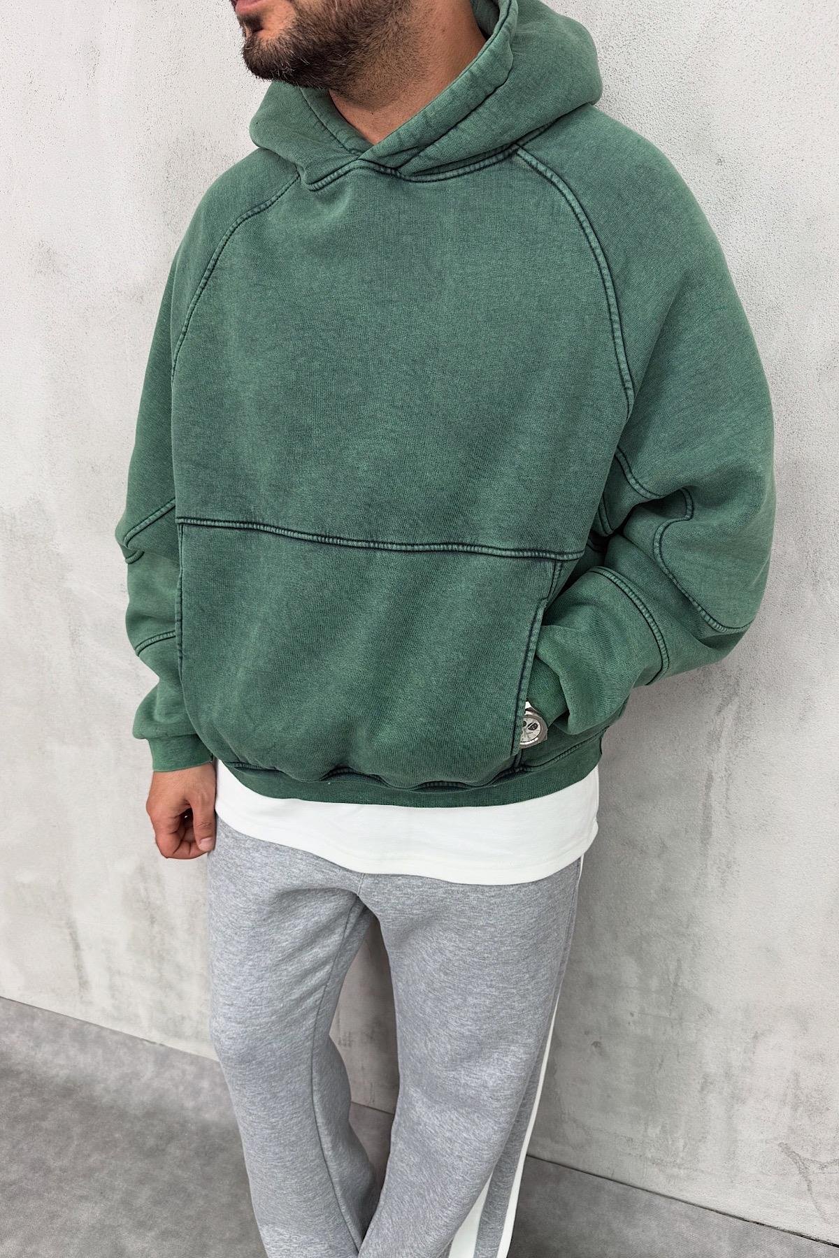 Yeşil Yıkamalı Kapşonlu Sweatshirt