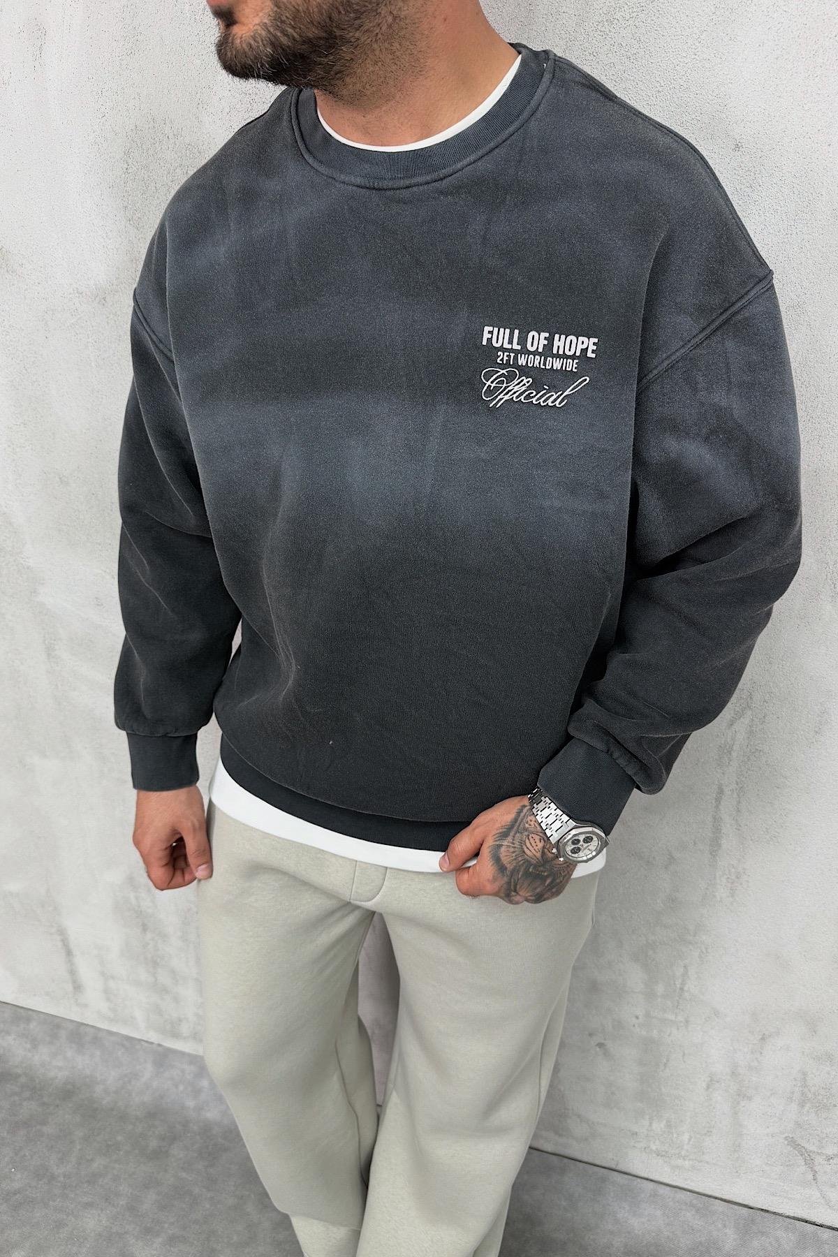 Yıkamalı Antrasit Baskılı Sweatshirt