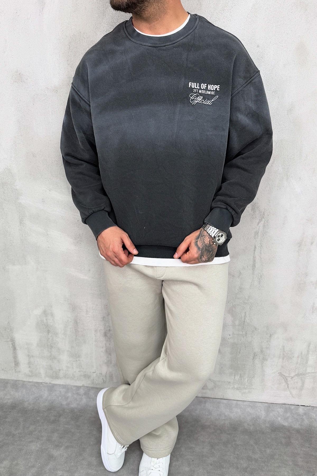 Yıkamalı Antrasit Baskılı Sweatshirt