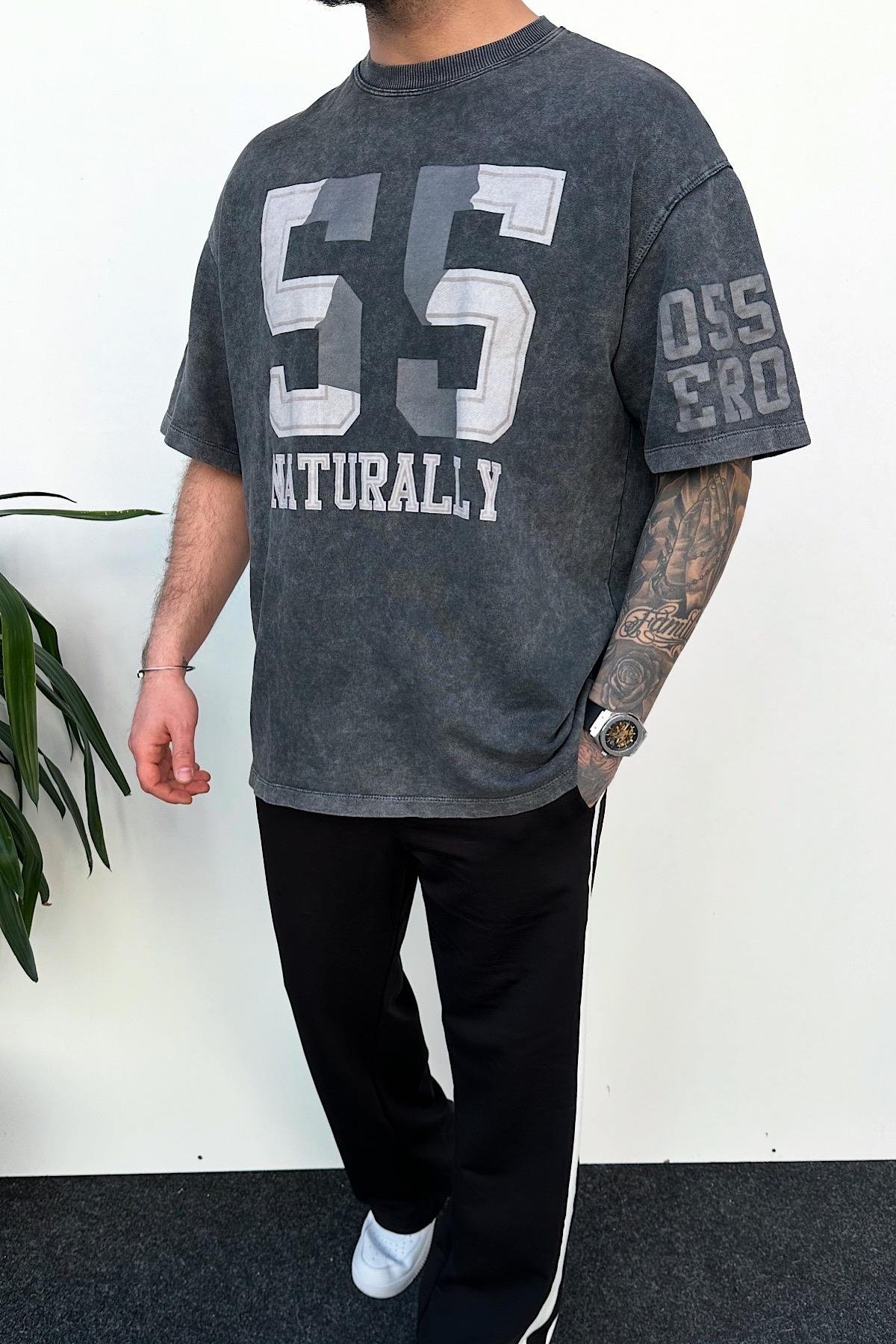 Yıkamalı Gri 55 Oversize T-Shirt