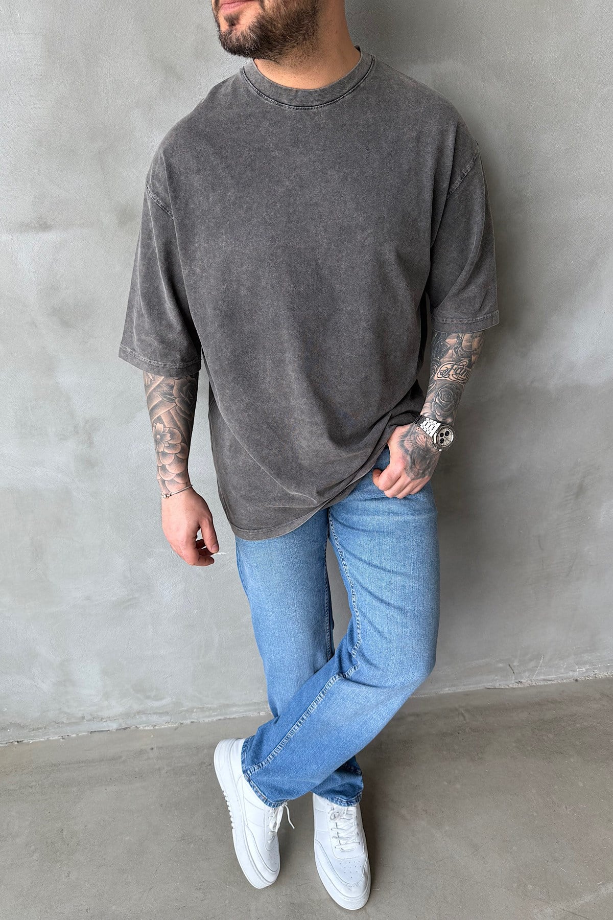Yıkamalı Koyu Gri basic T-Shirt