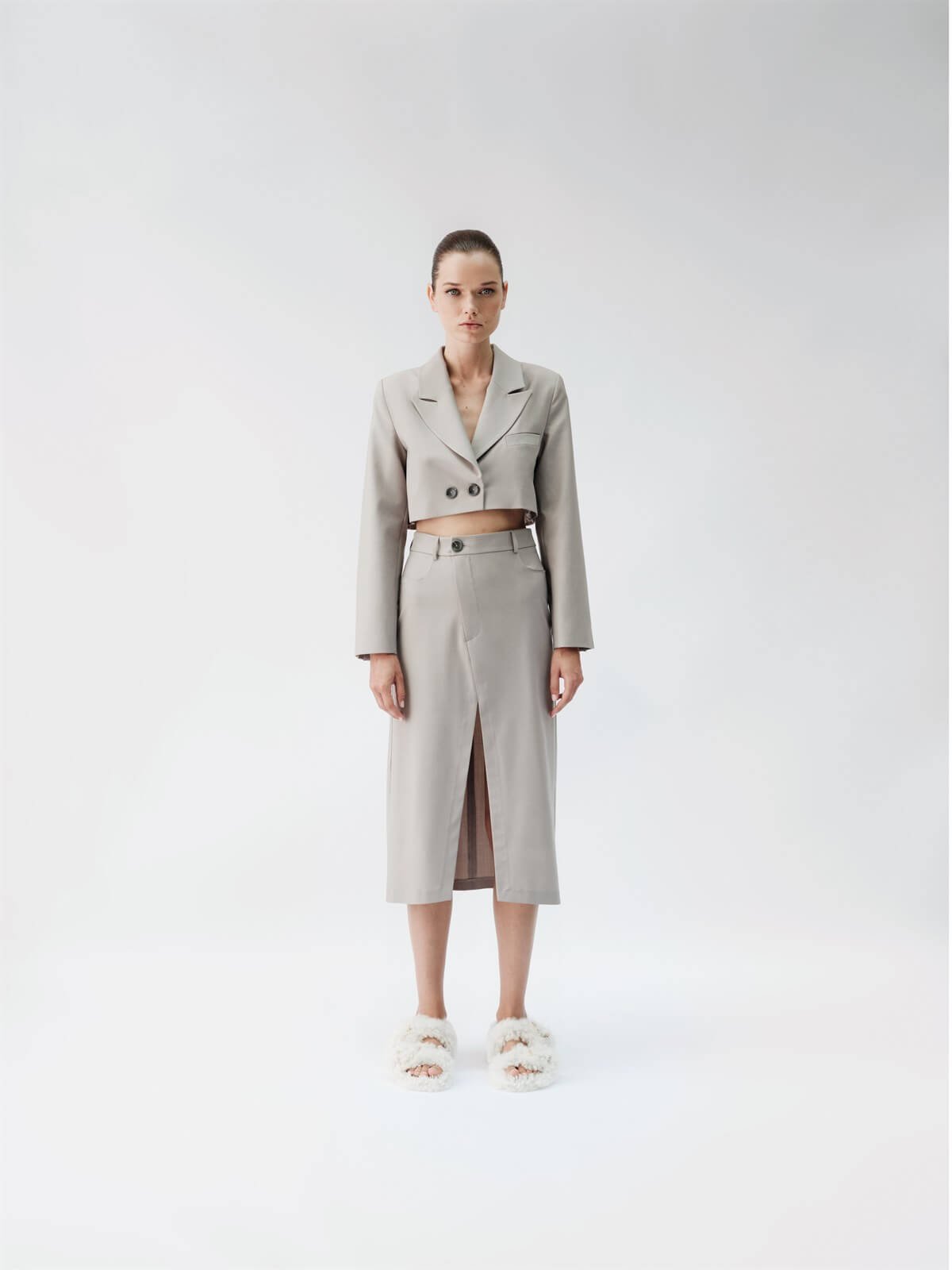 Asimetrik Kesim Yüksek Bel Taş Rengi Etek