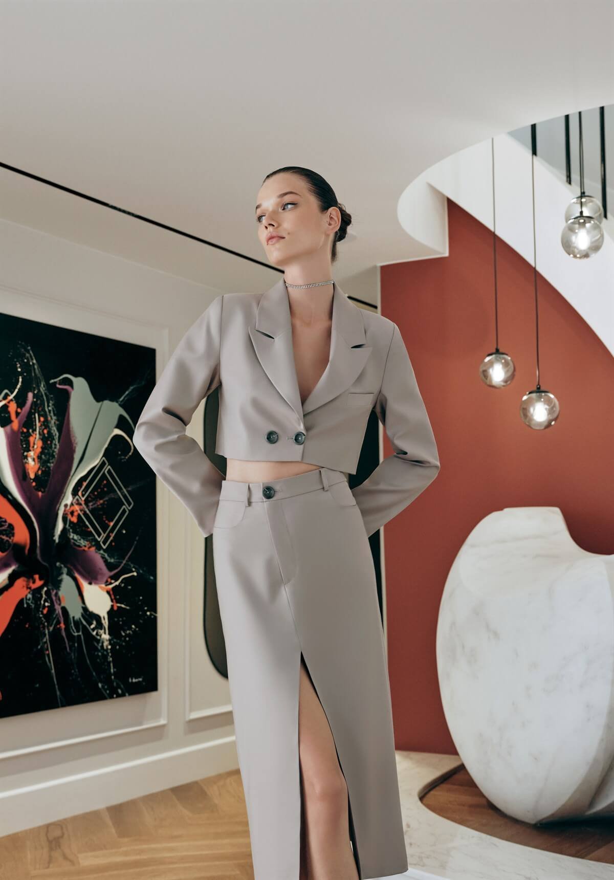 Asimetrik Kesim Yüksek Bel Taş Rengi Etek