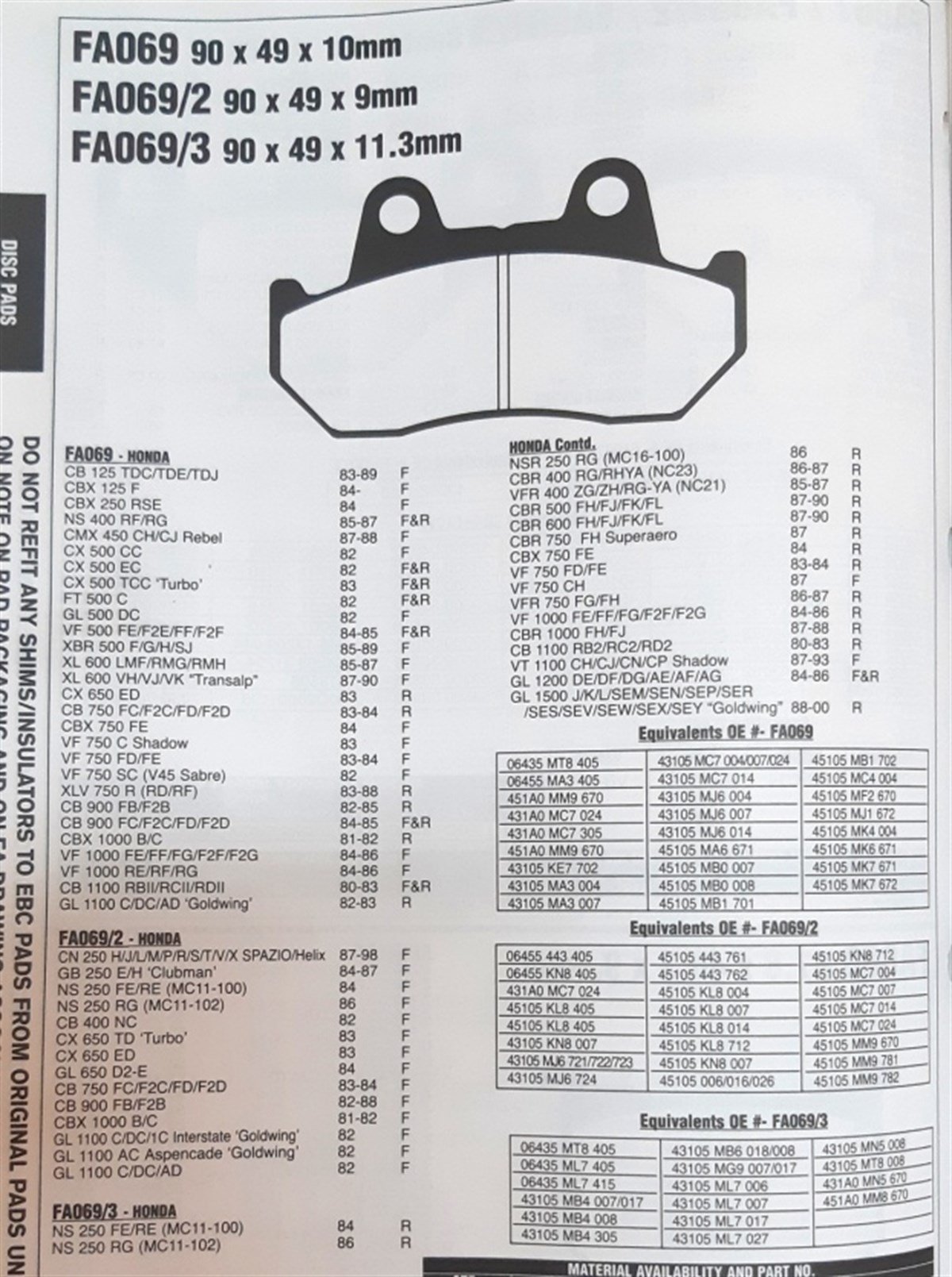 MarkasızFren ve EkipmanlarıHONDA DİSK FREN BALATASI GL VF CB CBX CBR GOLDWİNG (1980-2000)